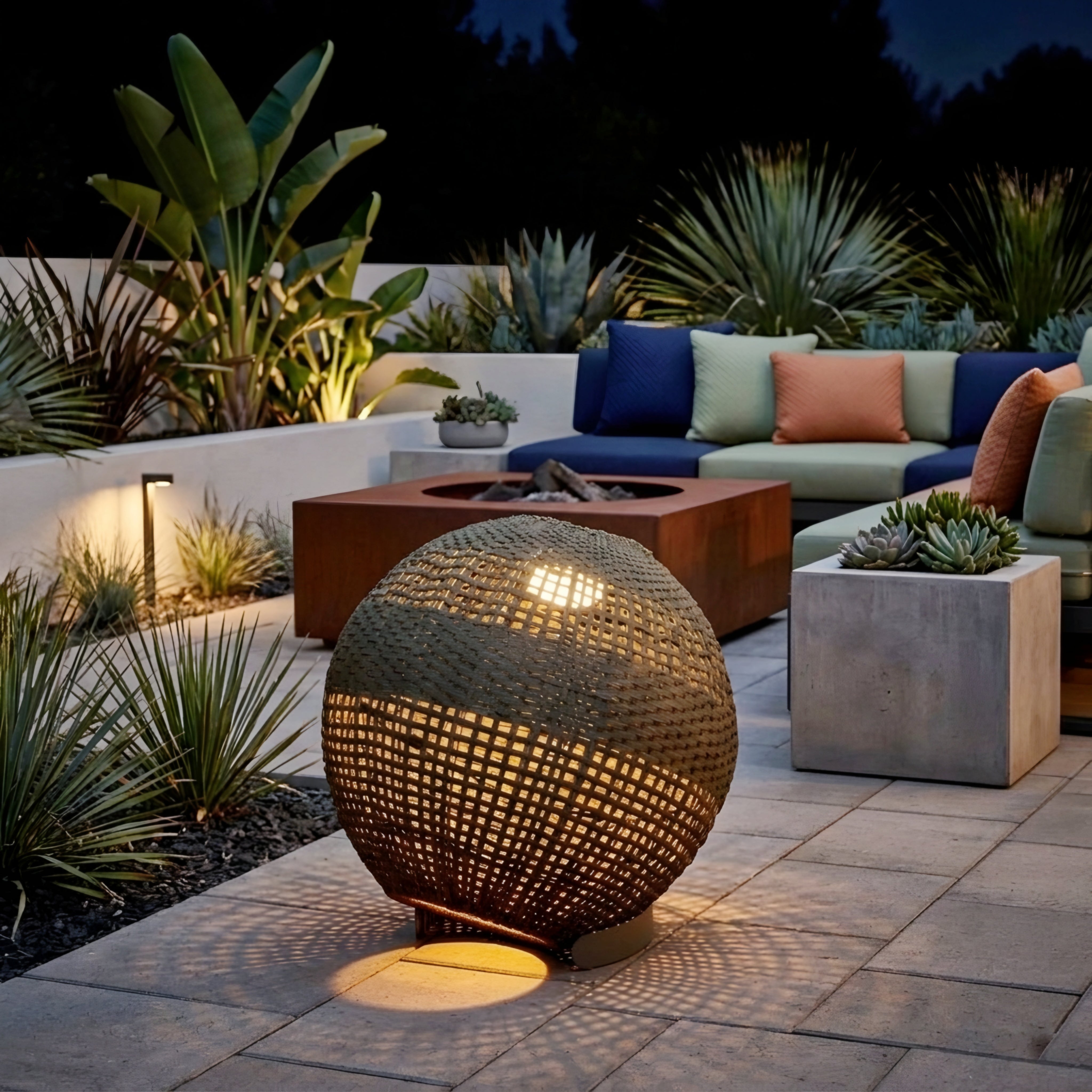 Ravello Woven Floor Lamp – Outdoor Rattan LED Sphere Patio Garden Ambient Lighting
