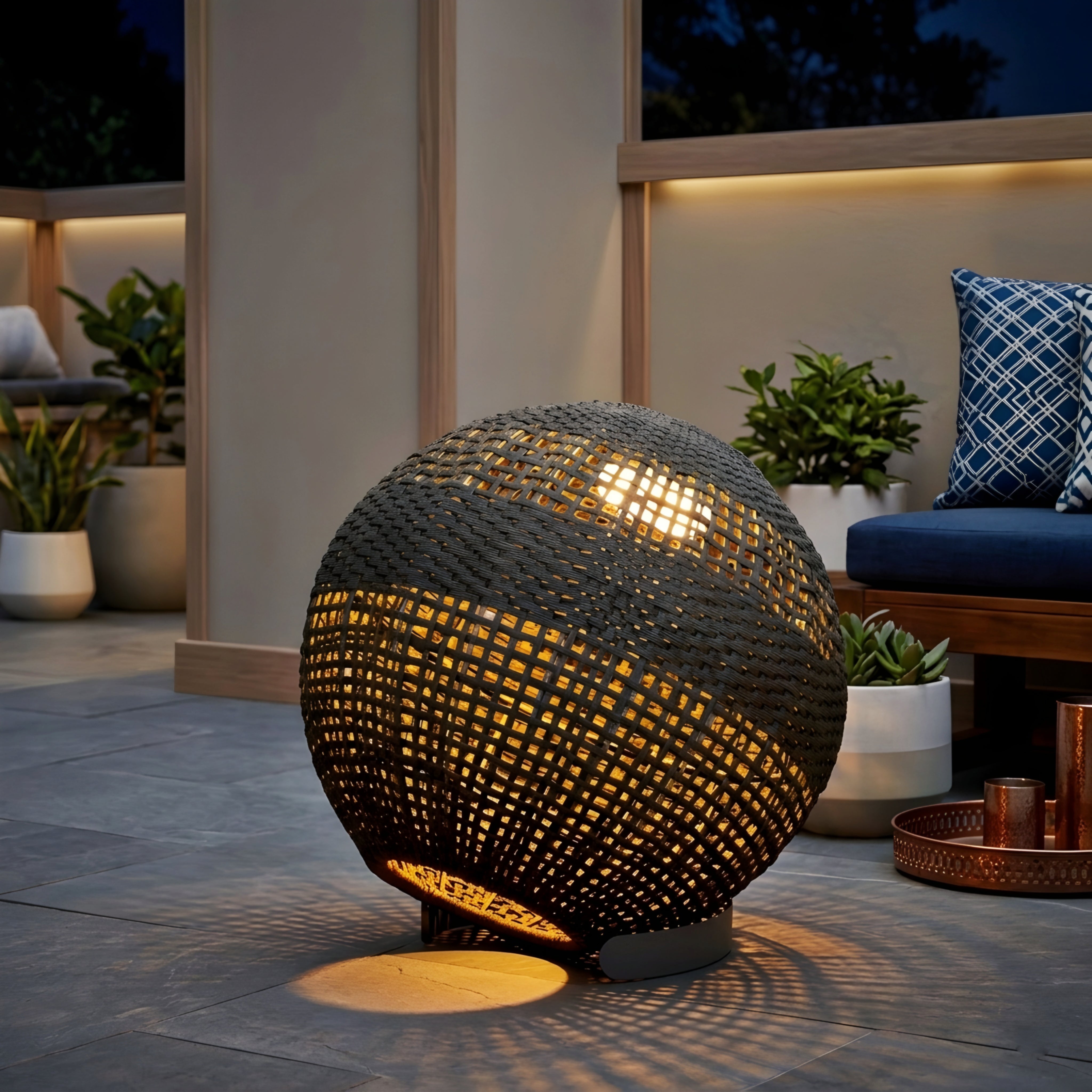 Ravello Woven Floor Lamp – Outdoor Rattan LED Sphere Patio Garden Ambient Lighting