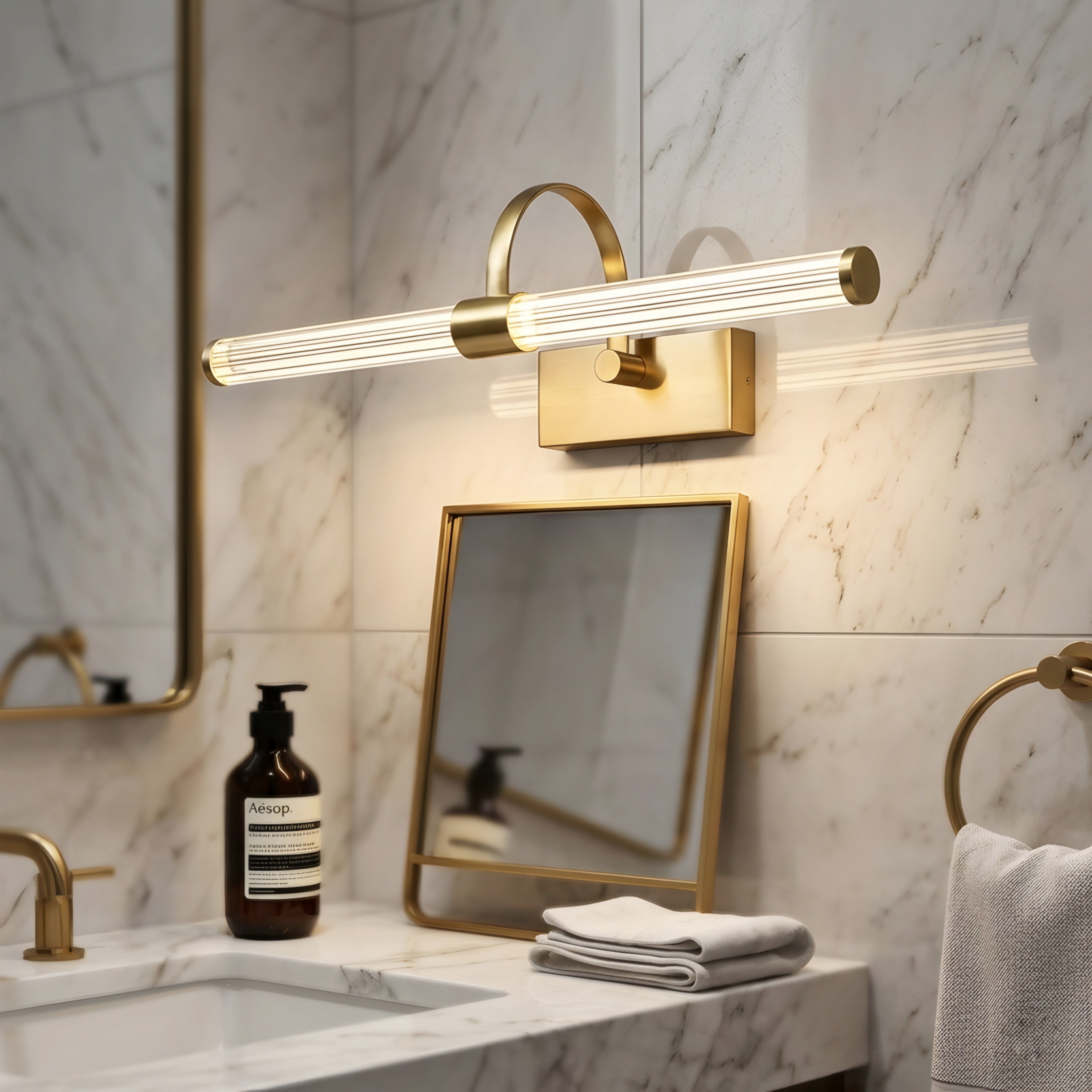 Aurex Vanity Light Bar – LED Brass Bathroom Mirror Wall Sconce Modern Glass Tube Fixture