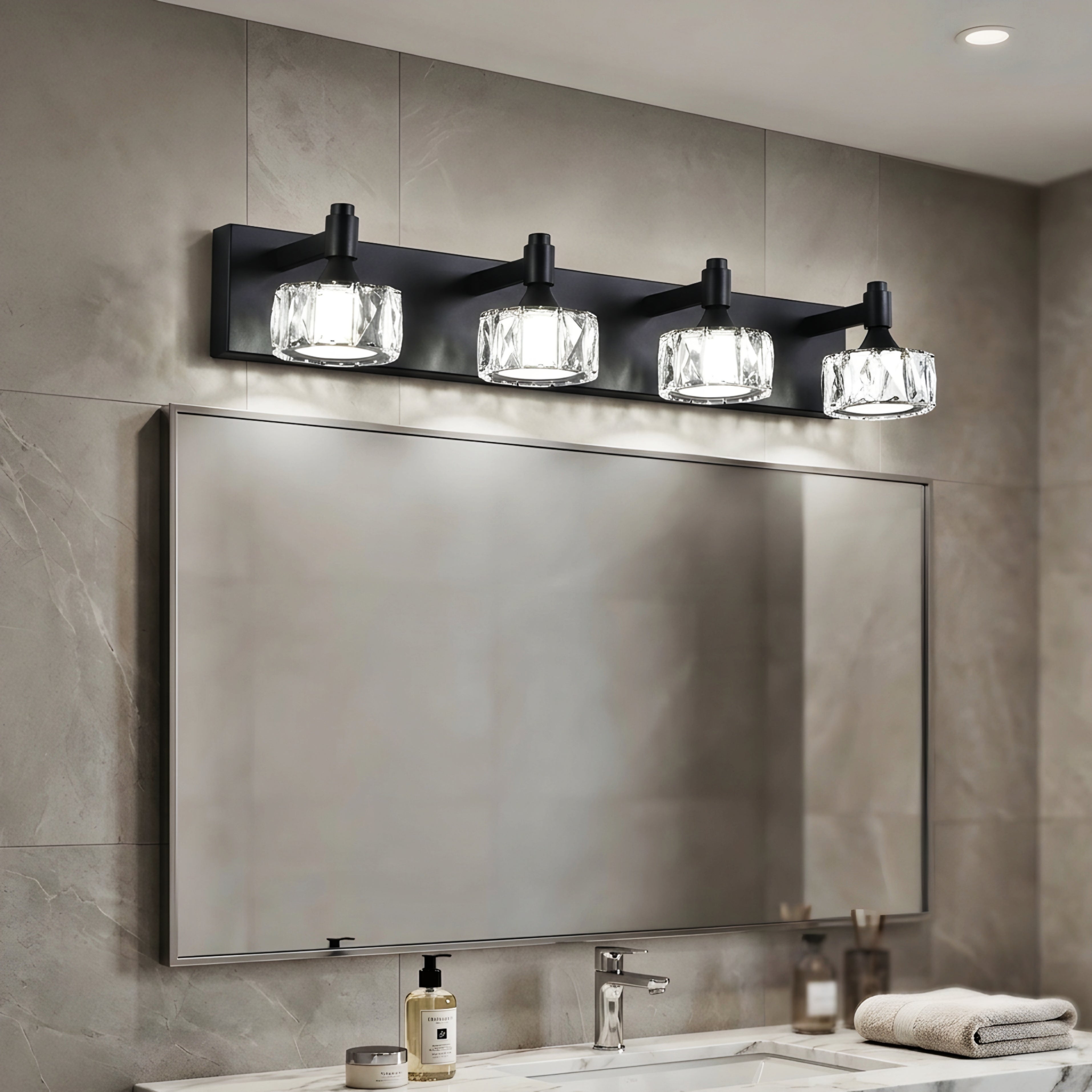 Virex Crystal Vanity Light – 4 Light LED Black Bathroom Mirror Wall Sconce Fixture