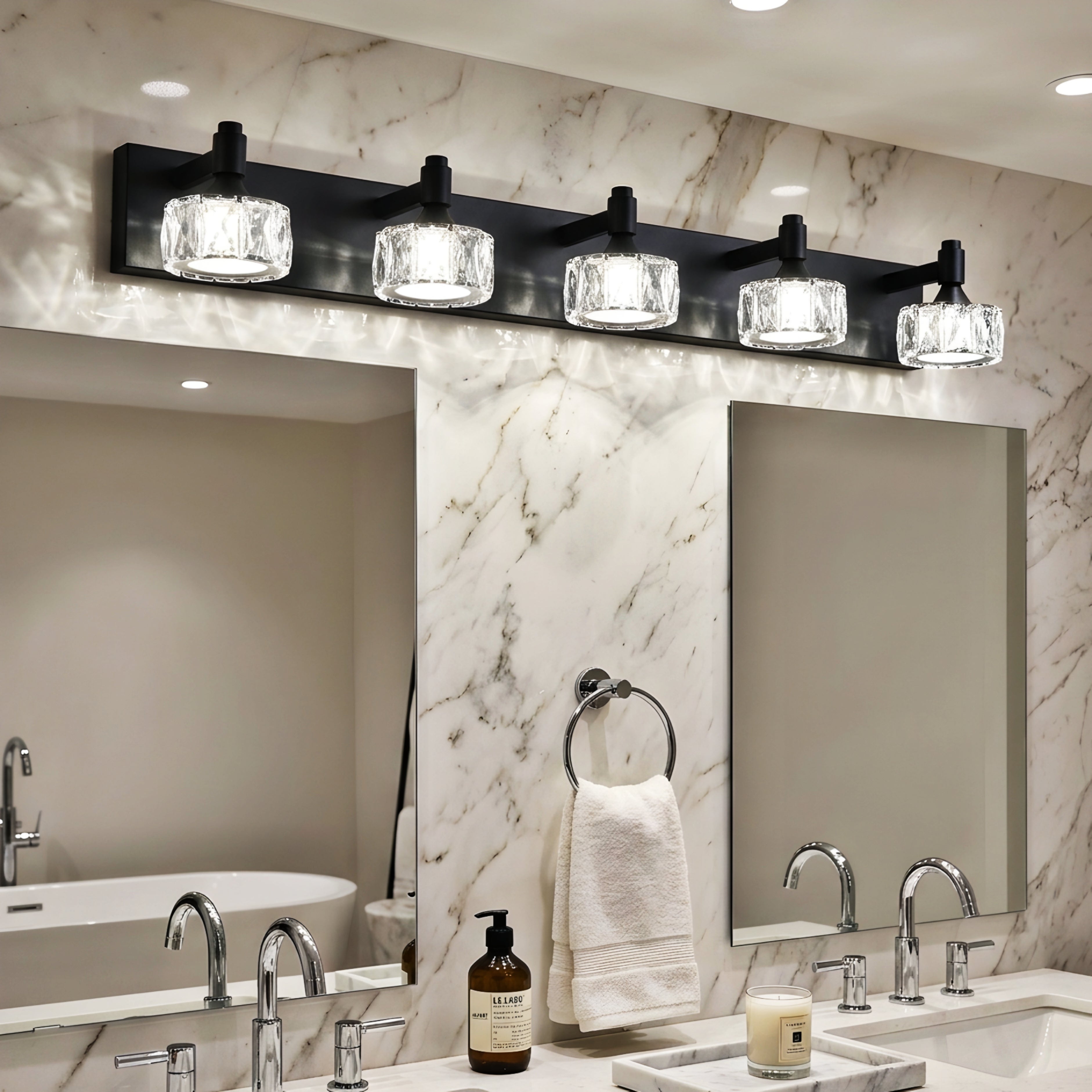 Virex Crystal Vanity Light – 4 Light LED Black Bathroom Mirror Wall Sconce Fixture