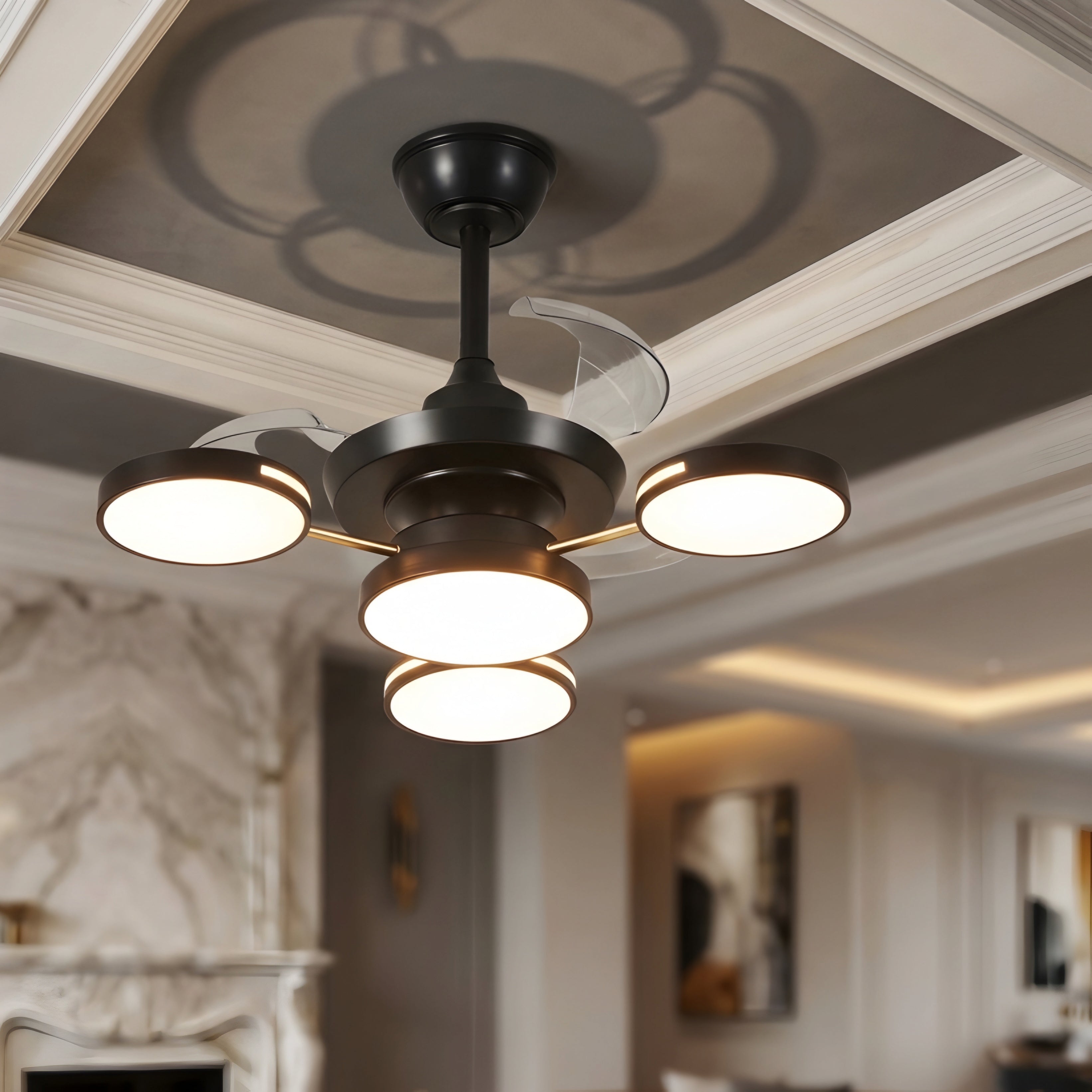Aurex Four Light Ceiling Fan Light – Modern Gold LED Chandelier Fan Retractable Blade Fixture