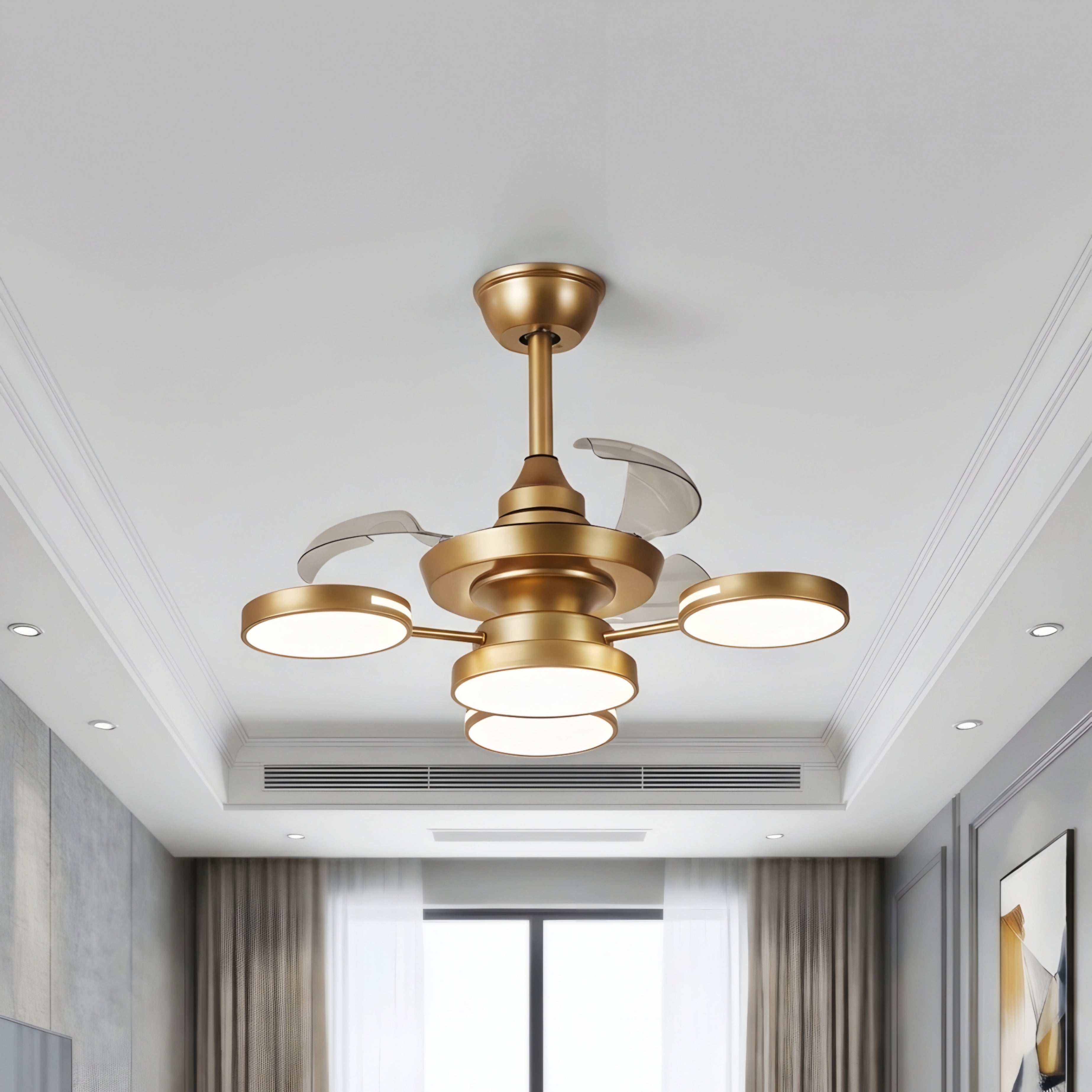 Aurex Four Light Ceiling Fan Light – Modern Gold LED Chandelier Fan Retractable Blade Fixture