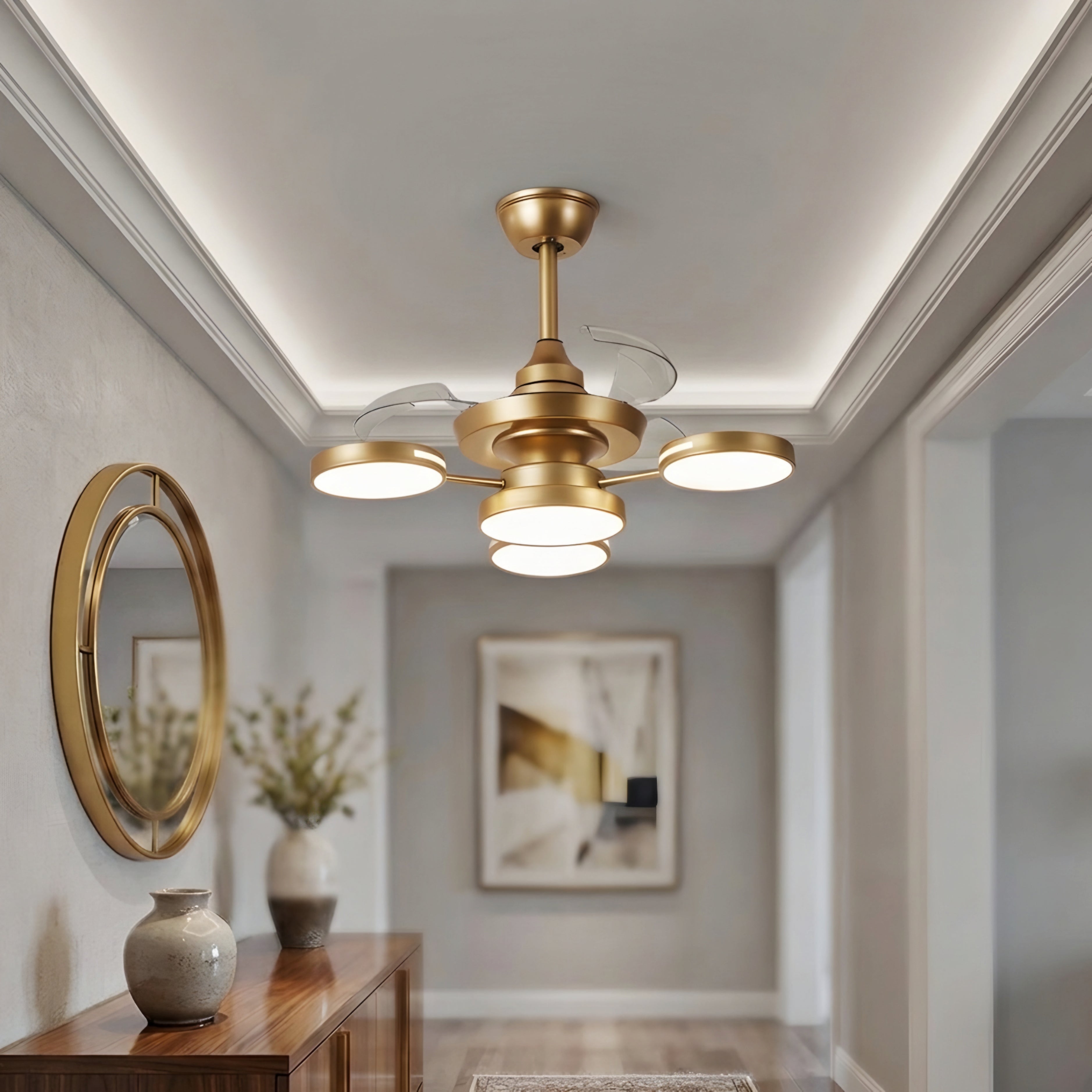 Aurex Four Light Ceiling Fan Light – Modern Gold LED Chandelier Fan Retractable Blade Fixture