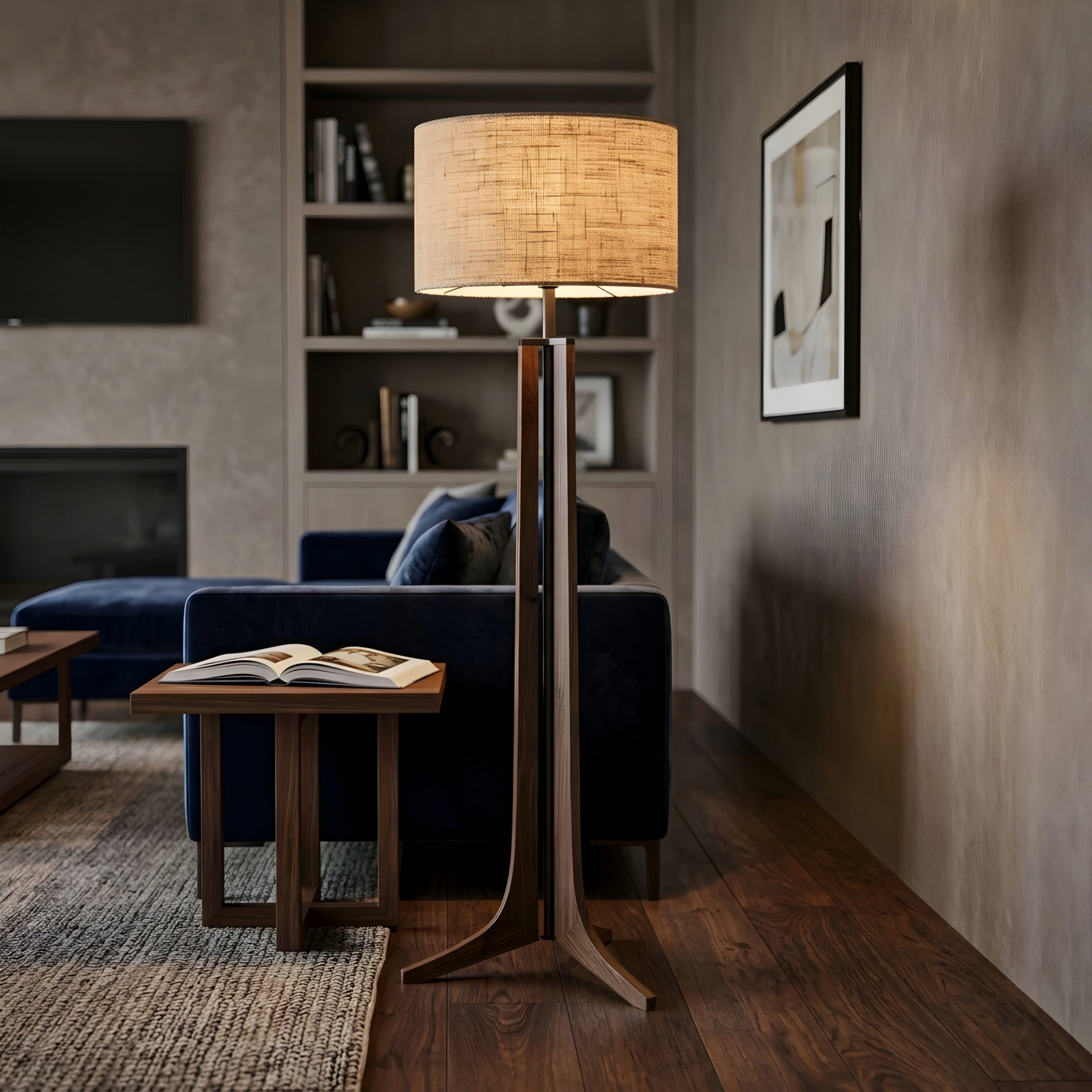 Musa Wood Tripod Floor Lamp – Mid-Century Modern Linen Shade Standing Light