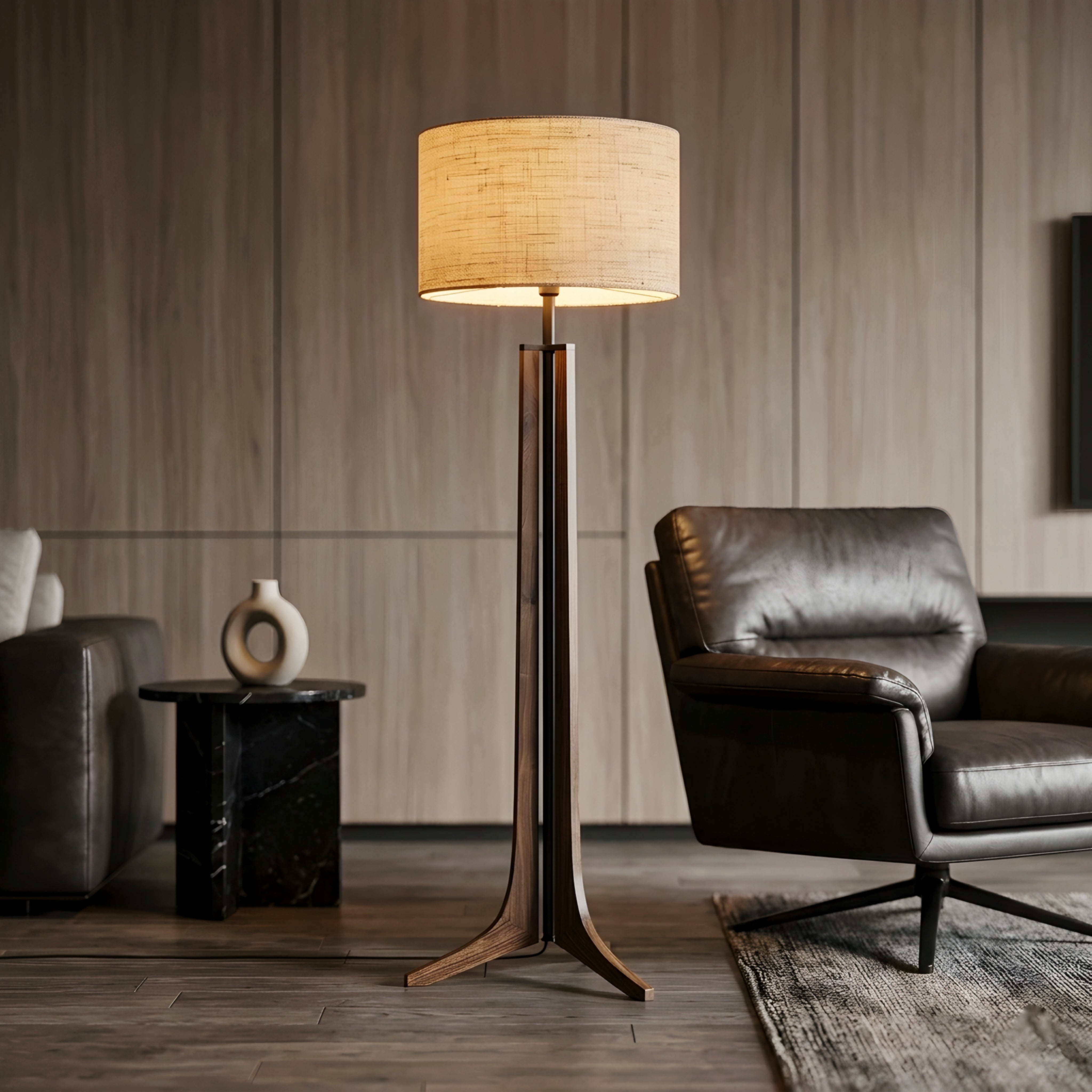 Musa Wood Tripod Floor Lamp – Mid-Century Modern Linen Shade Standing Light