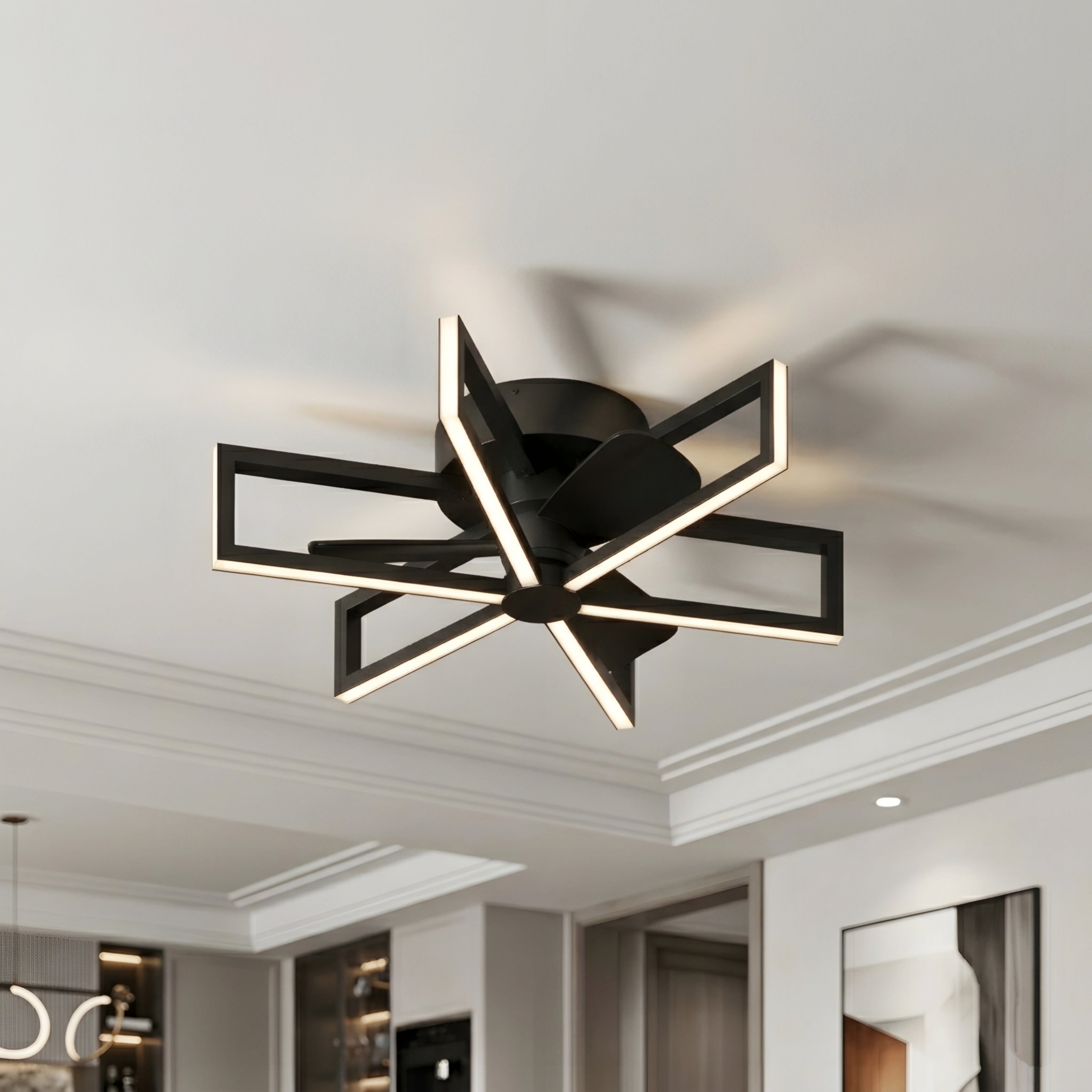 Zentari Ceiling Fan Light – Modern LED Black Flush Mount Minimalist Geometric Bedroom Lighting