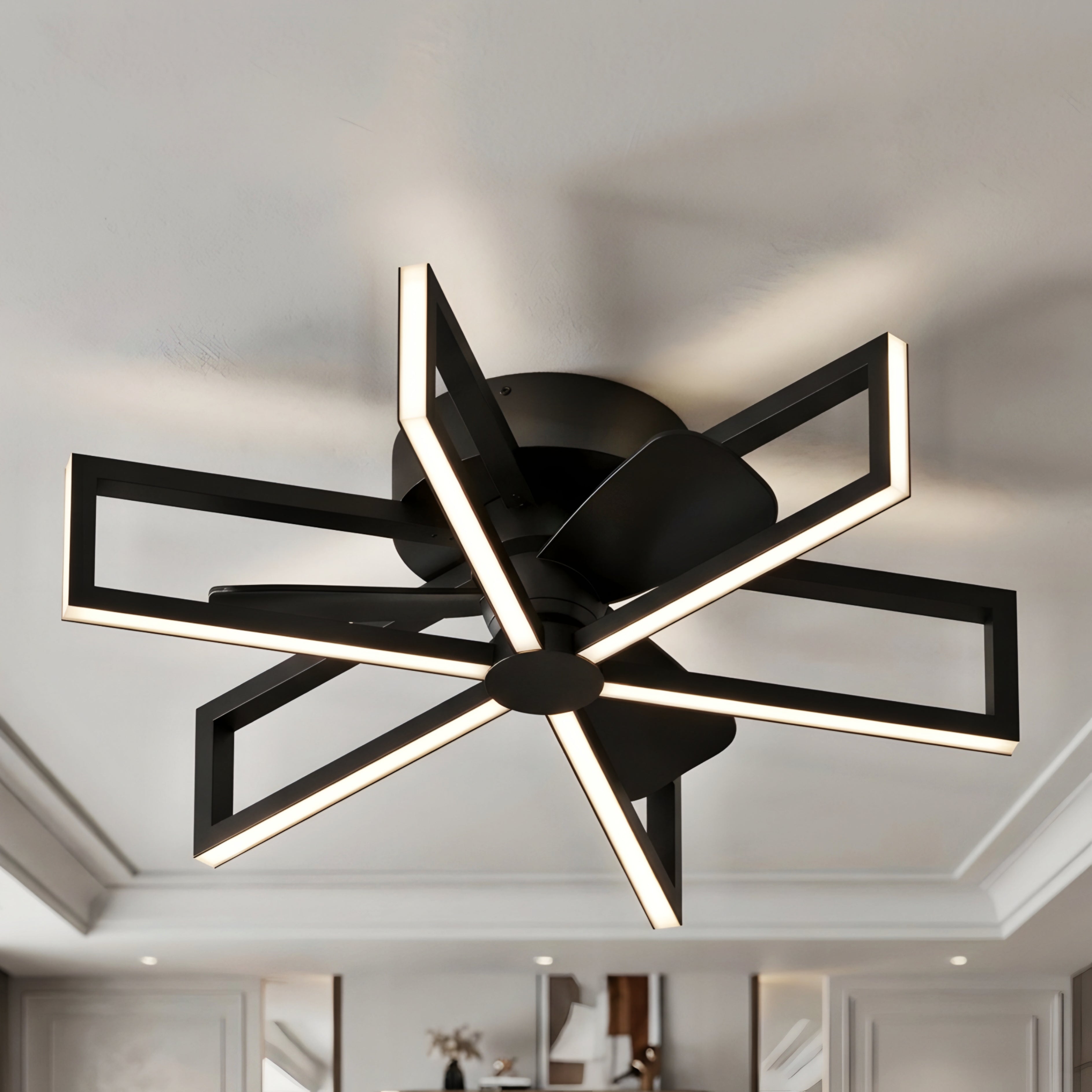 Zentari Ceiling Fan Light – Modern LED Black Flush Mount Minimalist Geometric Bedroom Lighting