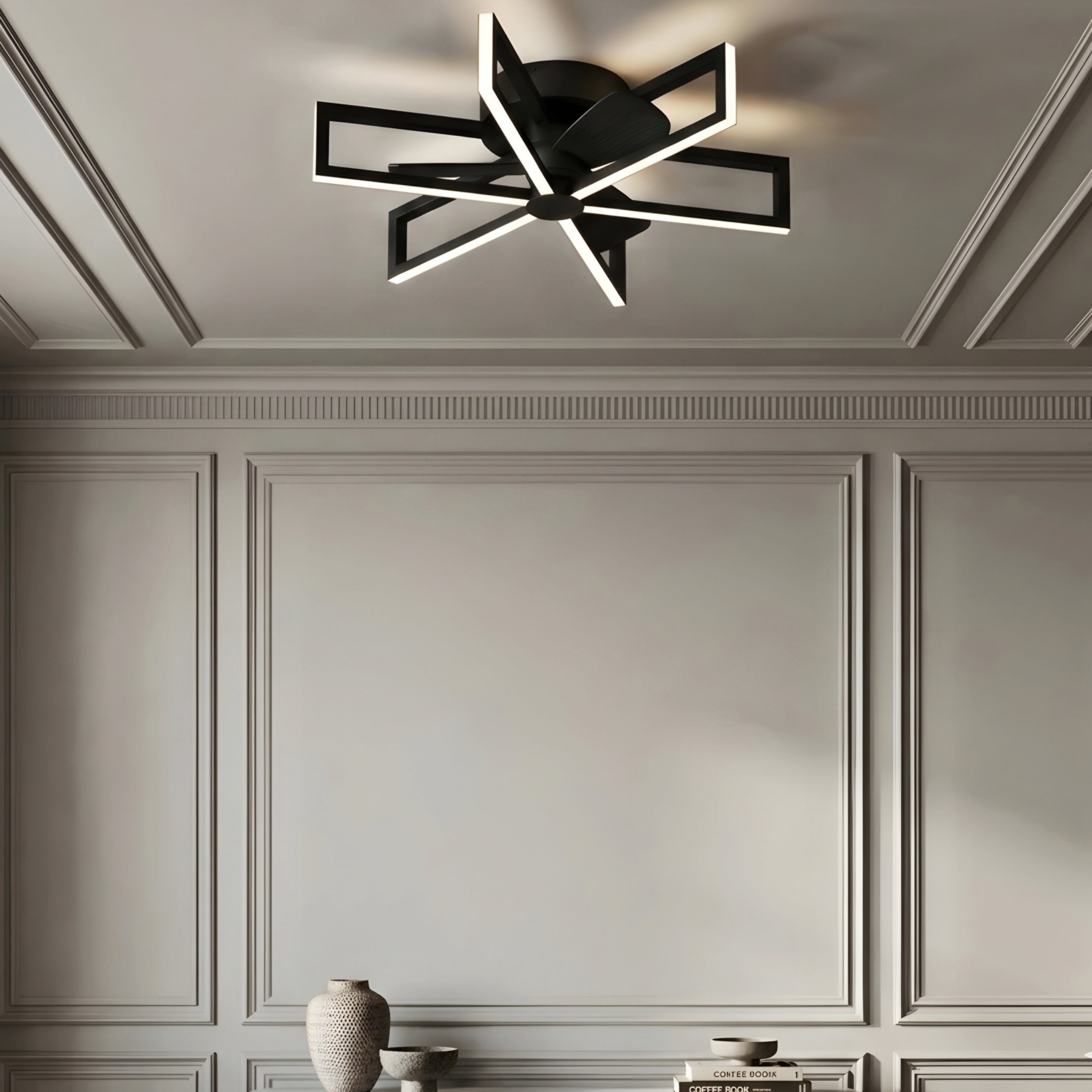 Zentari Ceiling Fan Light – Modern LED Black Flush Mount Minimalist Geometric Bedroom Lighting