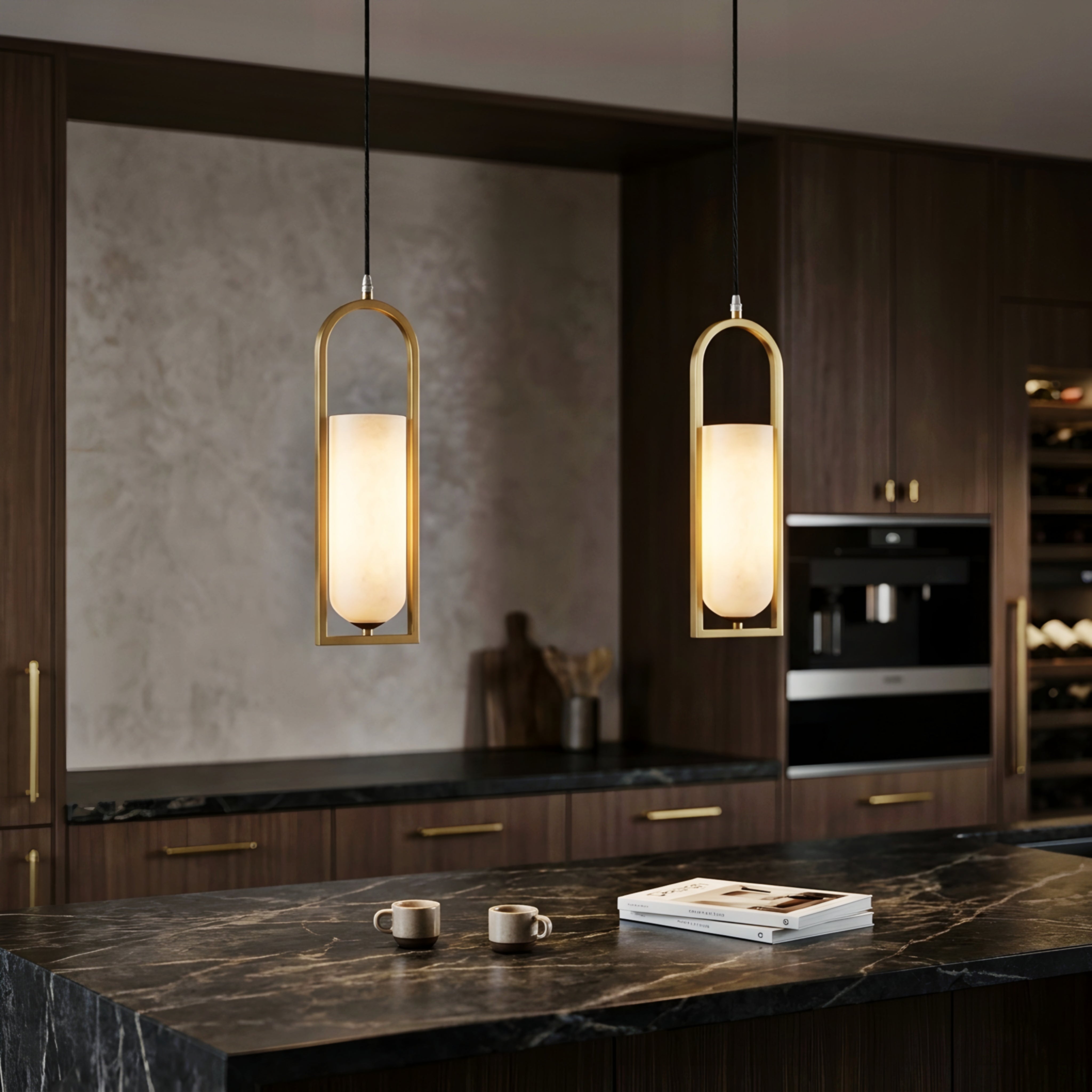Valenne Arch Pendant Light – Modern Gold Cylinder Glass Dining Kitchen Island Hanging Ceiling Lighting