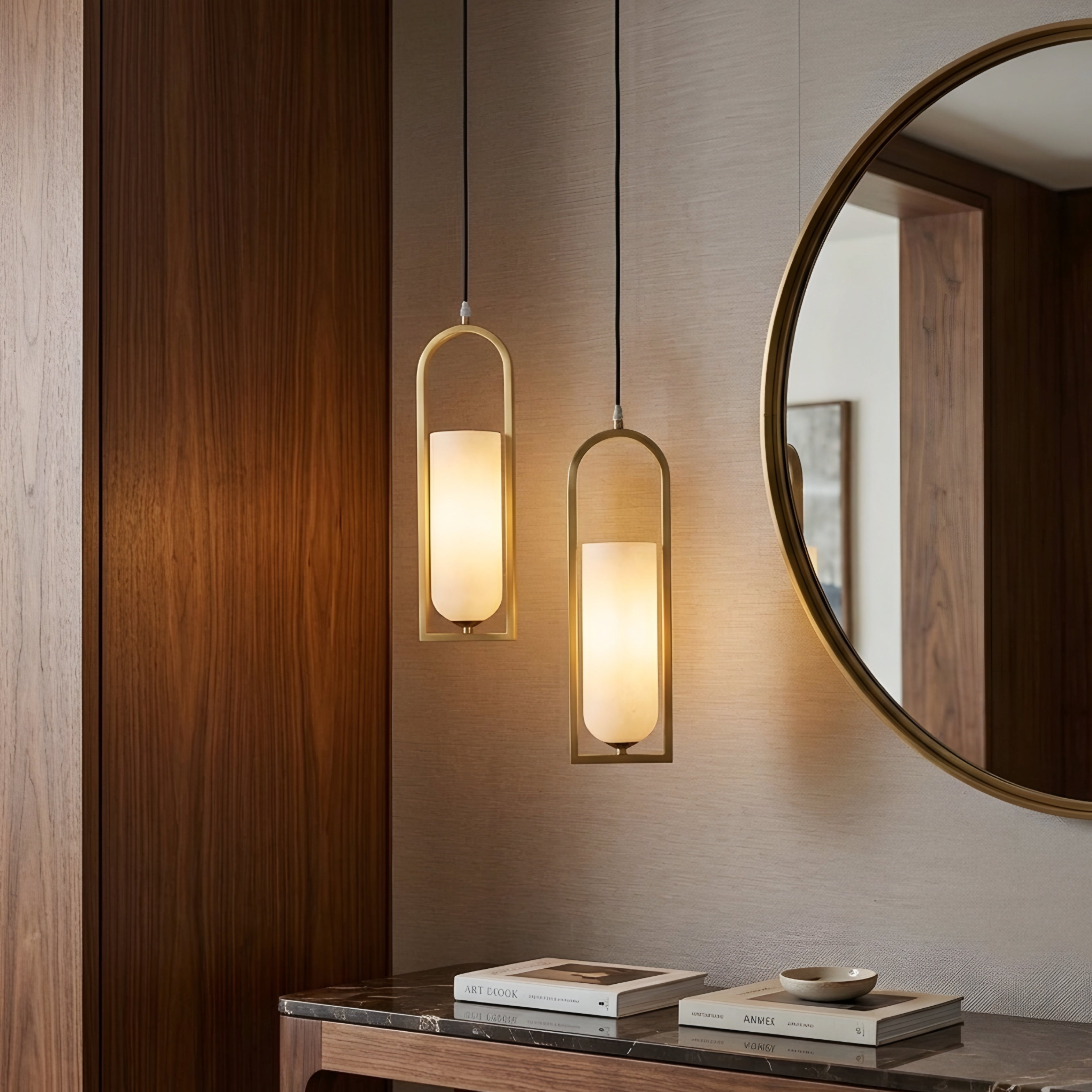 Valenne Arch Pendant Light – Modern Gold Cylinder Glass Dining Kitchen Island Hanging Ceiling Lighting