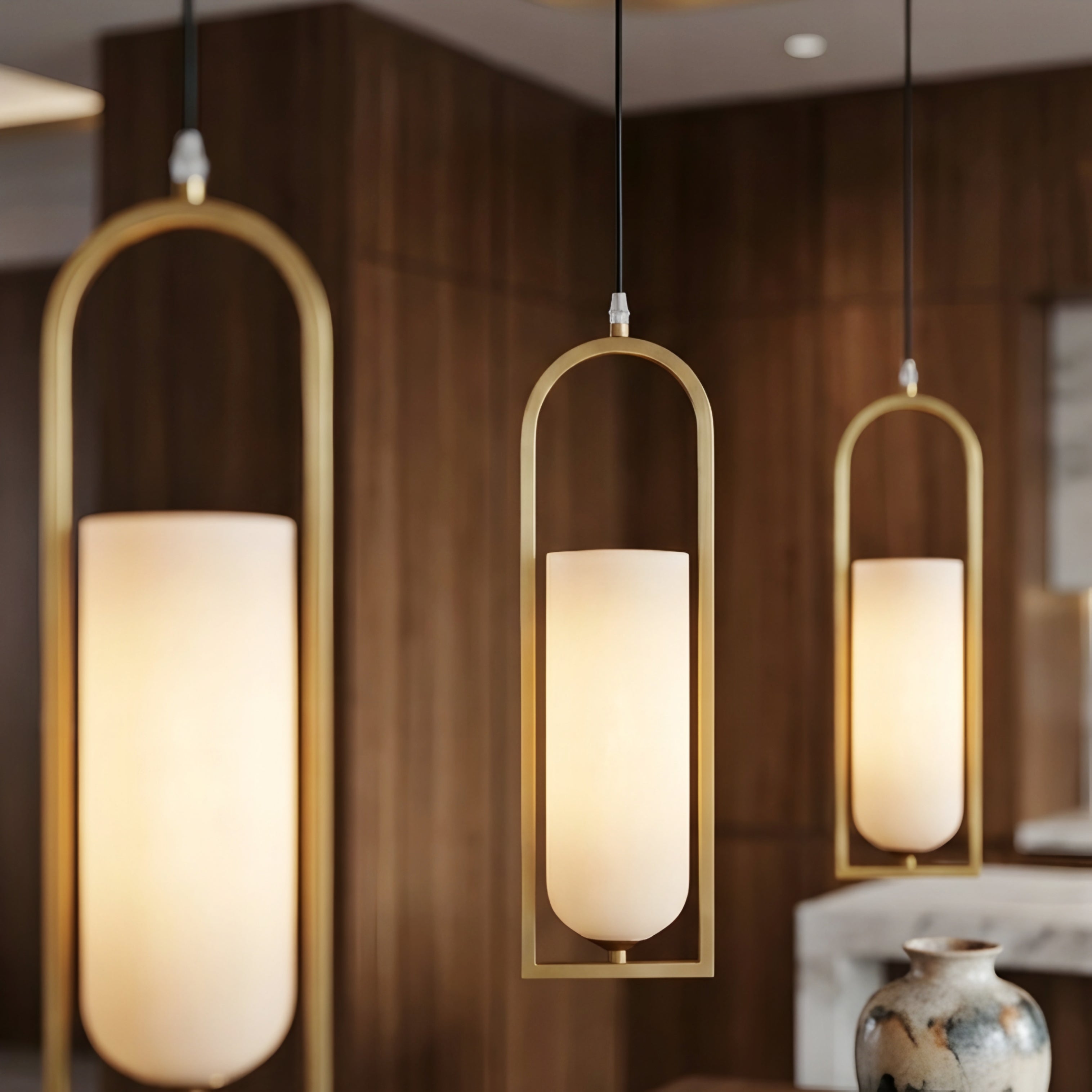 Valenne Arch Pendant Light – Modern Gold Cylinder Glass Dining Kitchen Island Hanging Ceiling Lighting