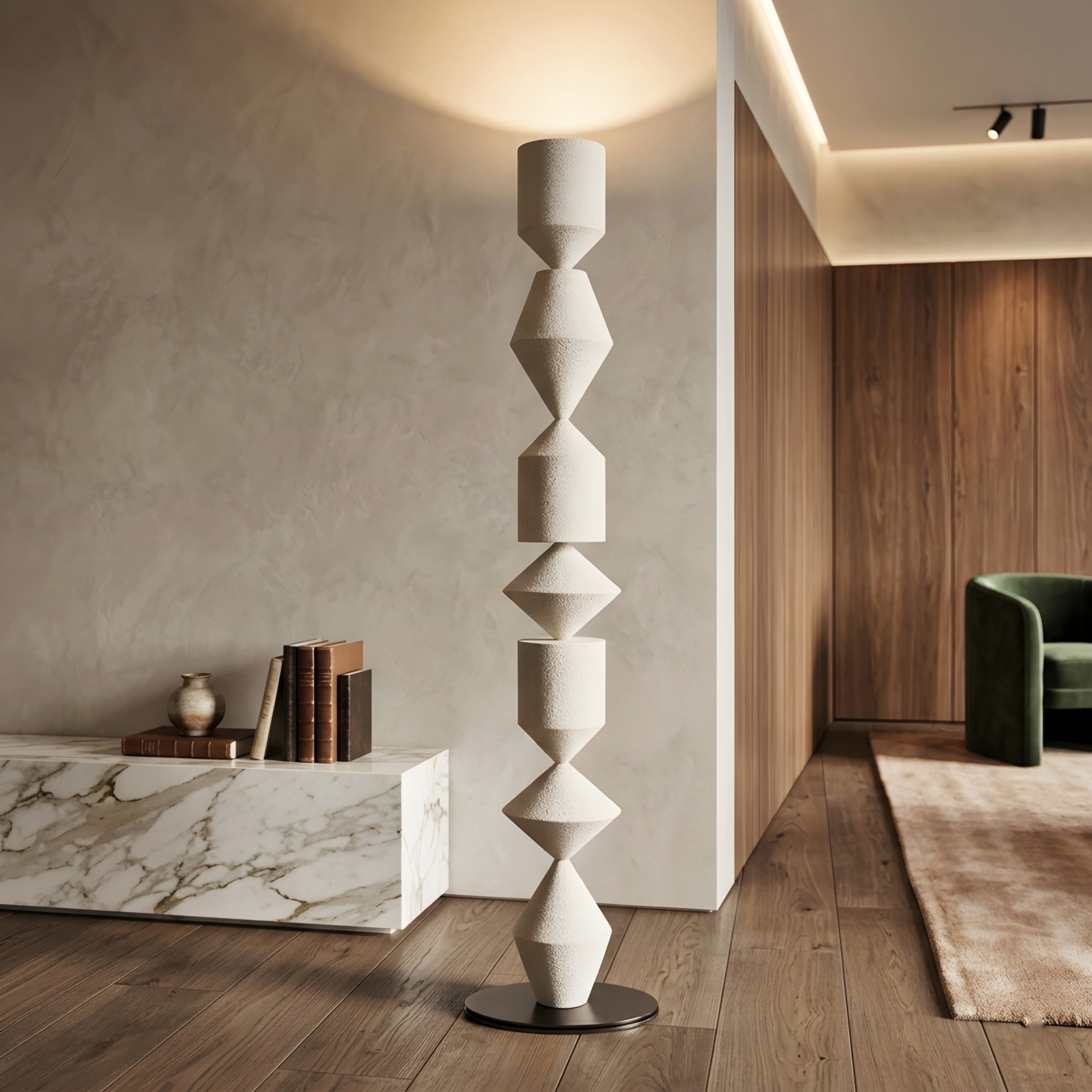 Totem Sculptural Floor Lamp – Modern Wooden Geometric Living Room Decorative Lighting Natural Oak