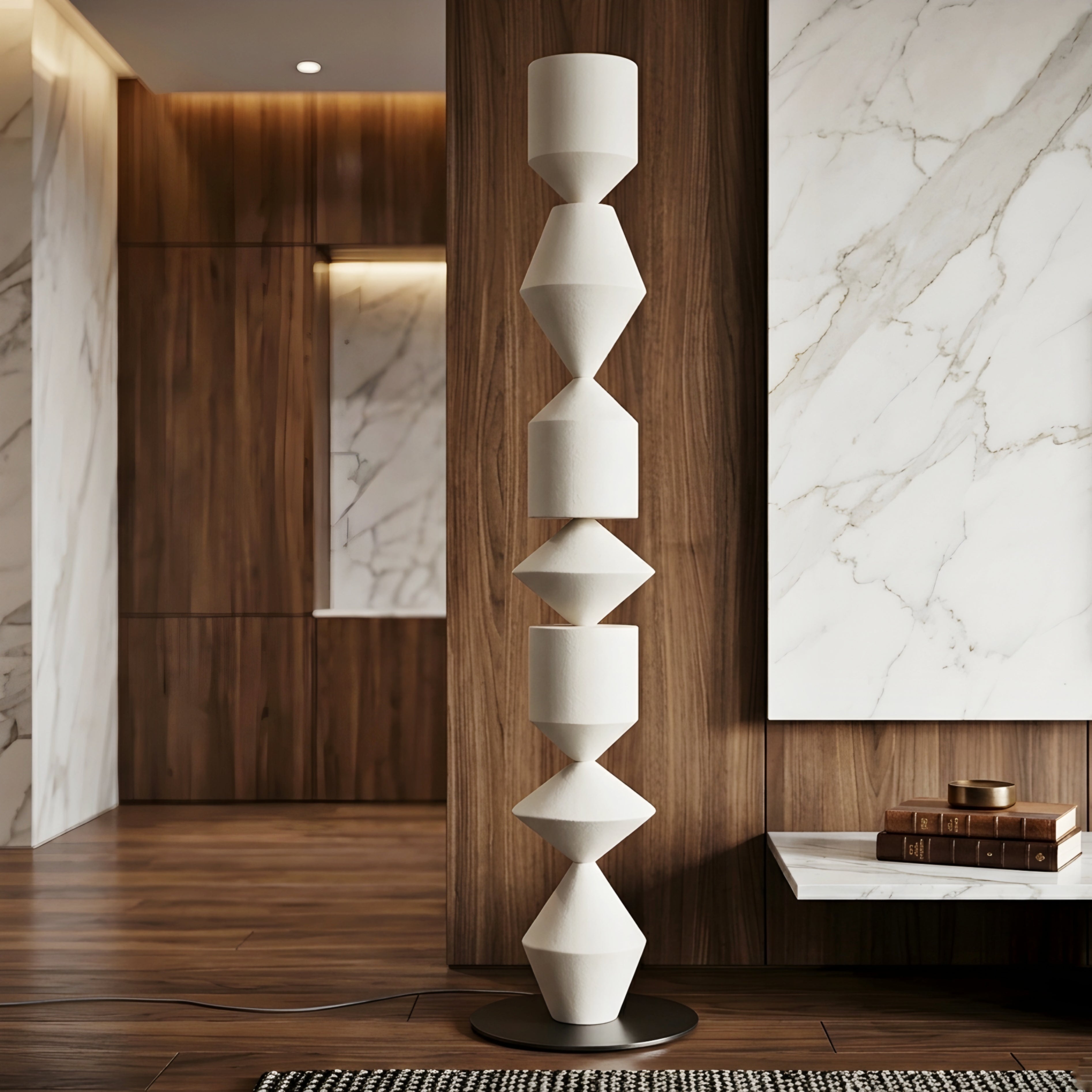 Totem Sculptural Floor Lamp – Modern Wooden Geometric Living Room Decorative Lighting Natural Oak