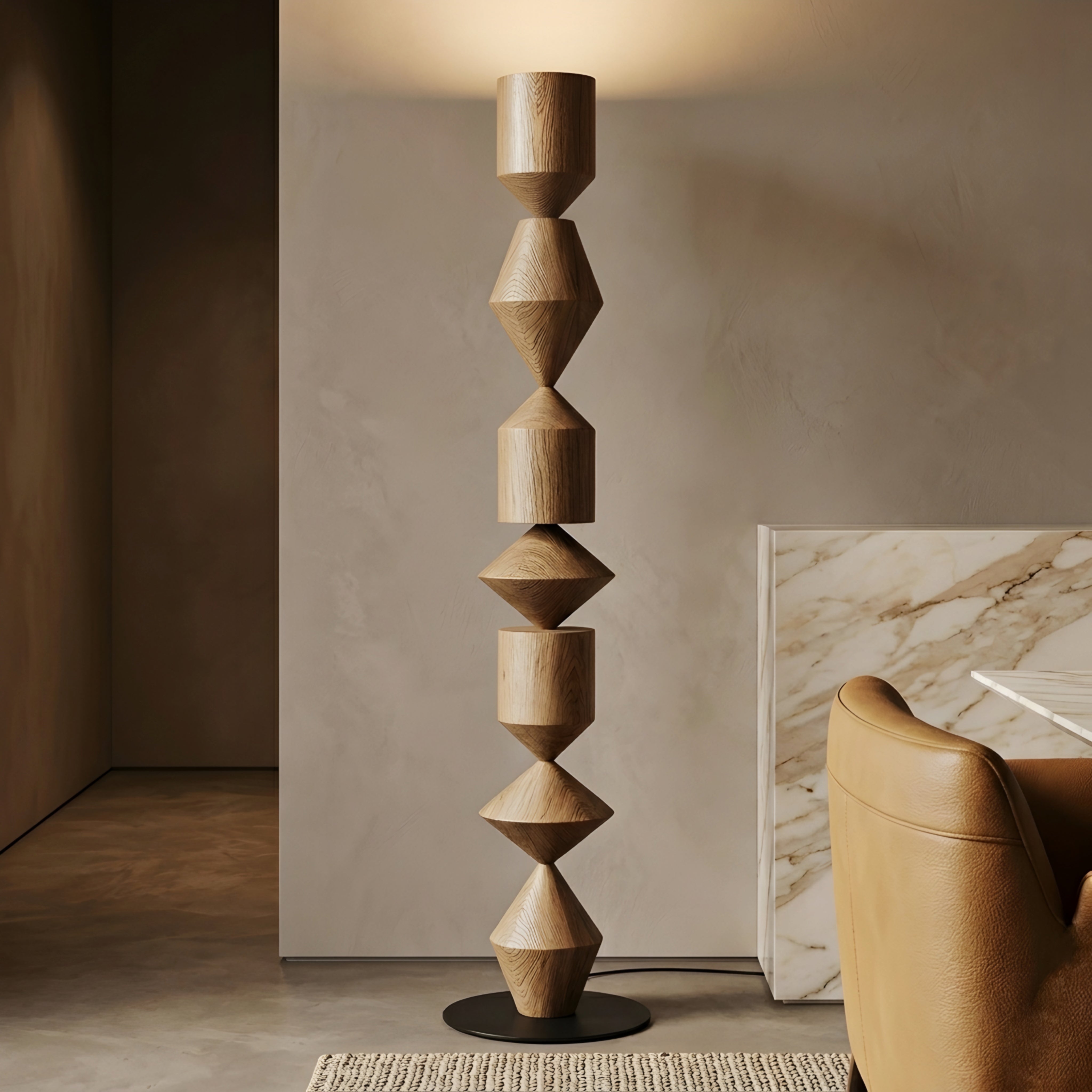 Totem Sculptural Floor Lamp – Modern Wooden Geometric Living Room Decorative Lighting Natural Oak