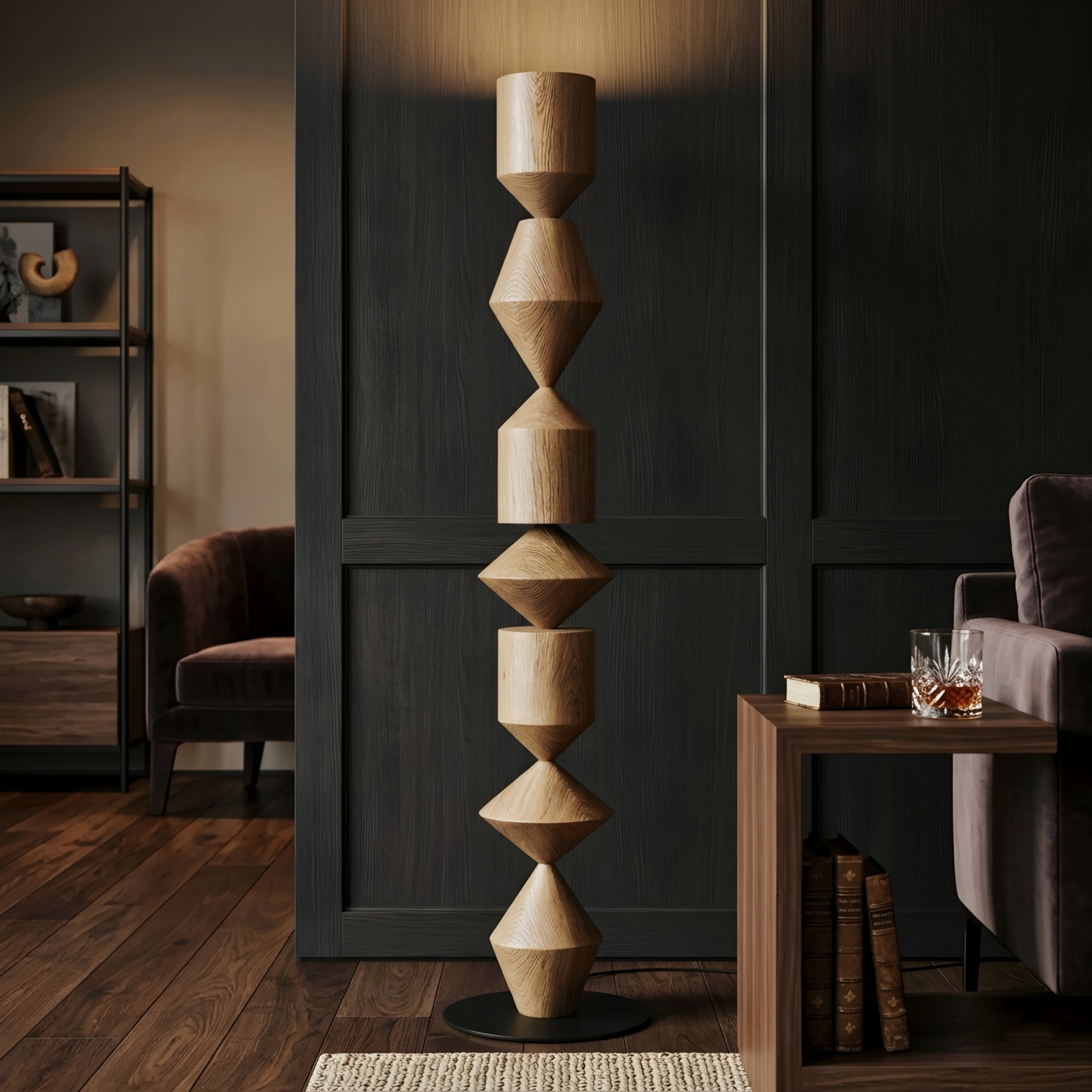 Totem Sculptural Floor Lamp – Modern Wooden Geometric Living Room Decorative Lighting Natural Oak