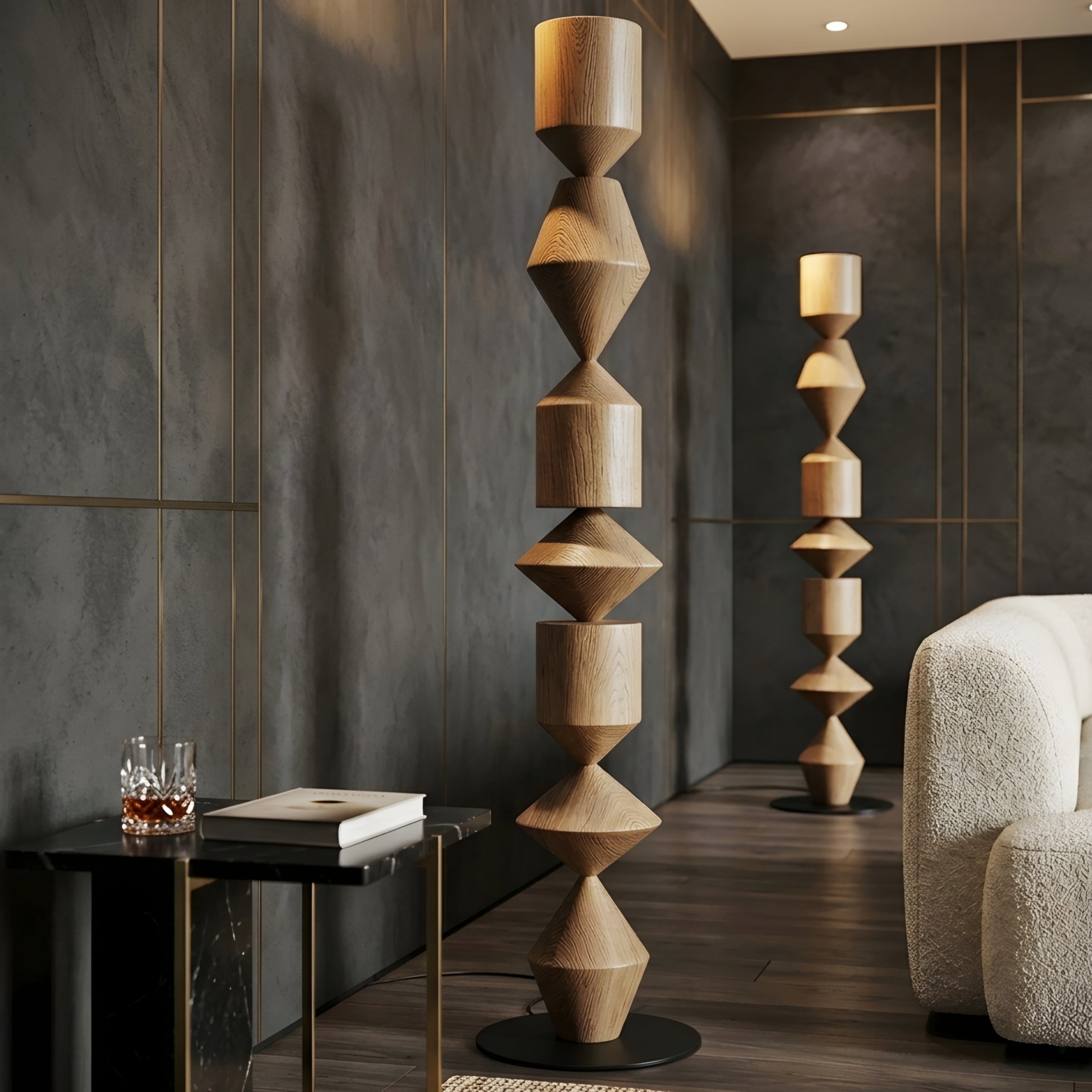 Totem Sculptural Floor Lamp – Modern Wooden Geometric Living Room Decorative Lighting Natural Oak