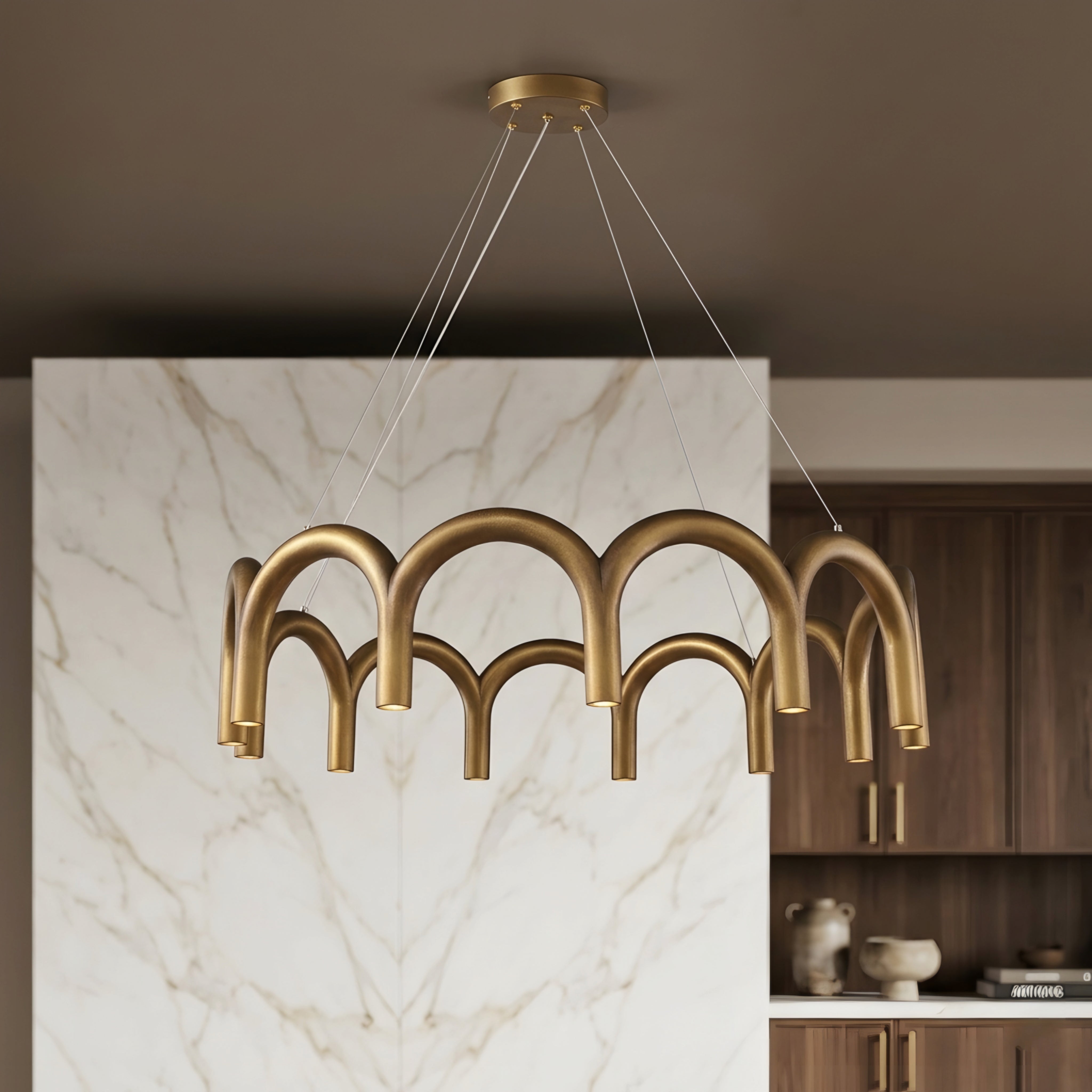 Arcova Arch Chandelier – Modern Gold Pendant Light Dining Room Kitchen Island Ceiling Fixture Brass
