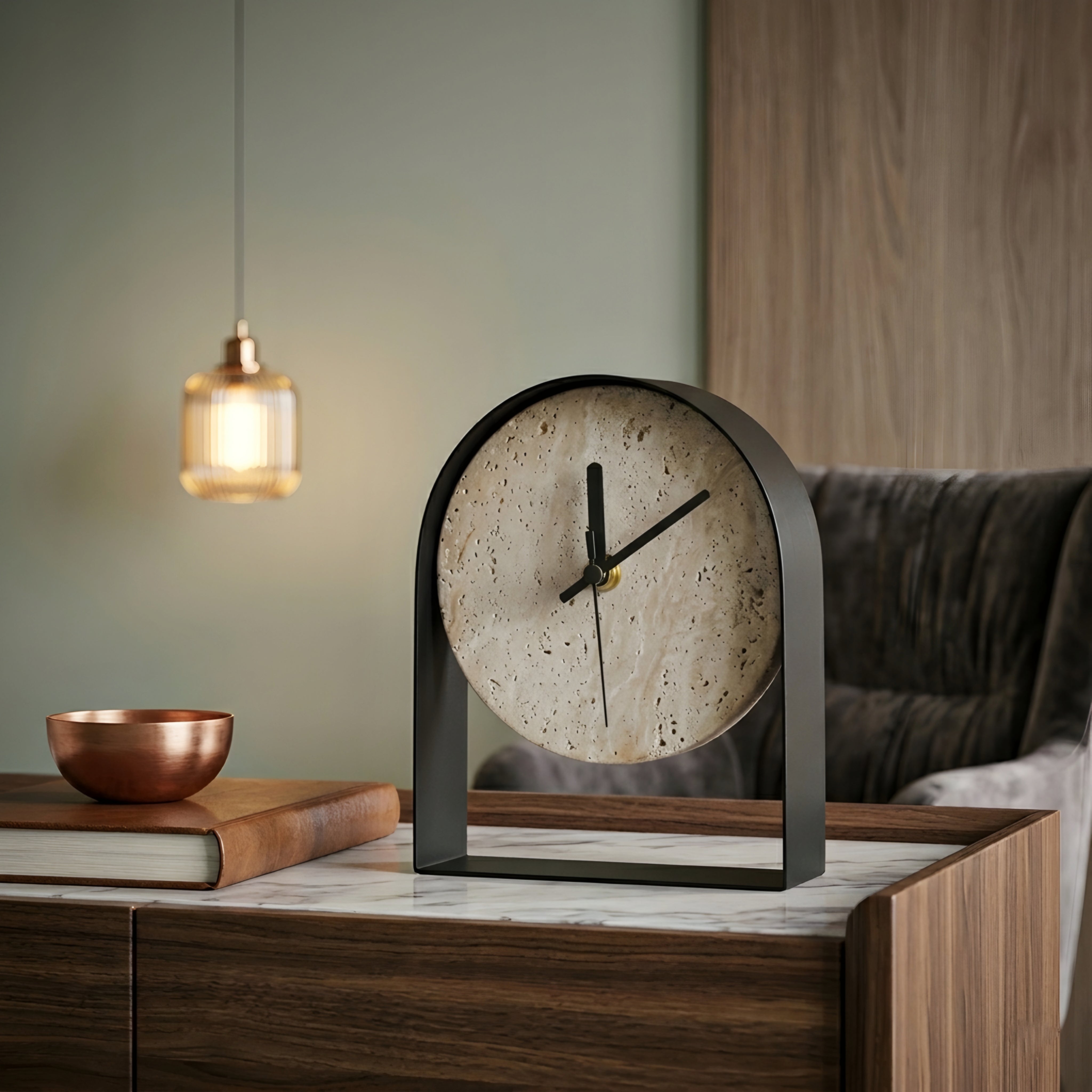 Archon Desk Clock – Modern Decorative Table Clock Concrete Black Metal Frame Silent Quartz Mantel Shelf