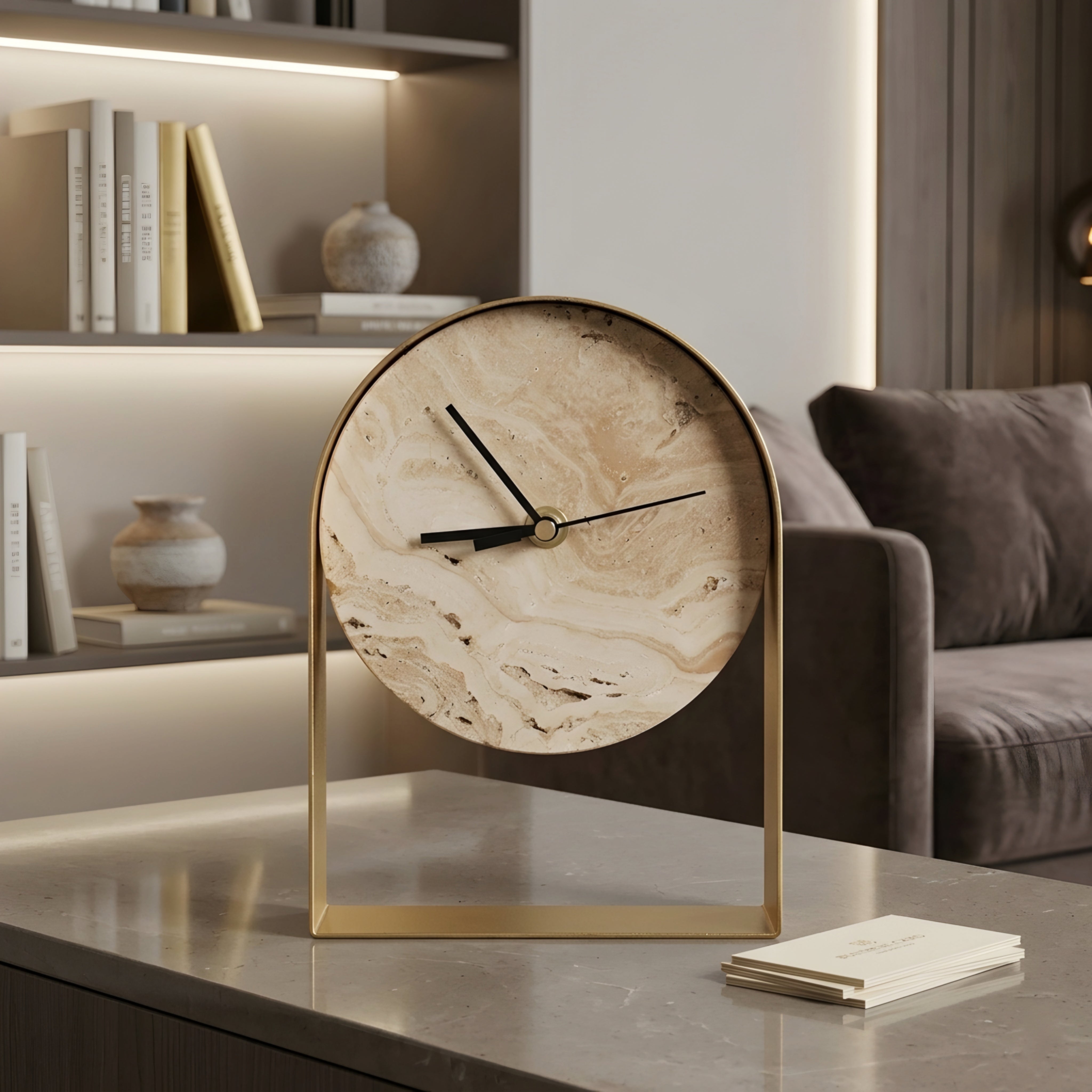 Archon Desk Clock – Modern Decorative Table Clock Concrete Black Metal Frame Silent Quartz Mantel Shelf