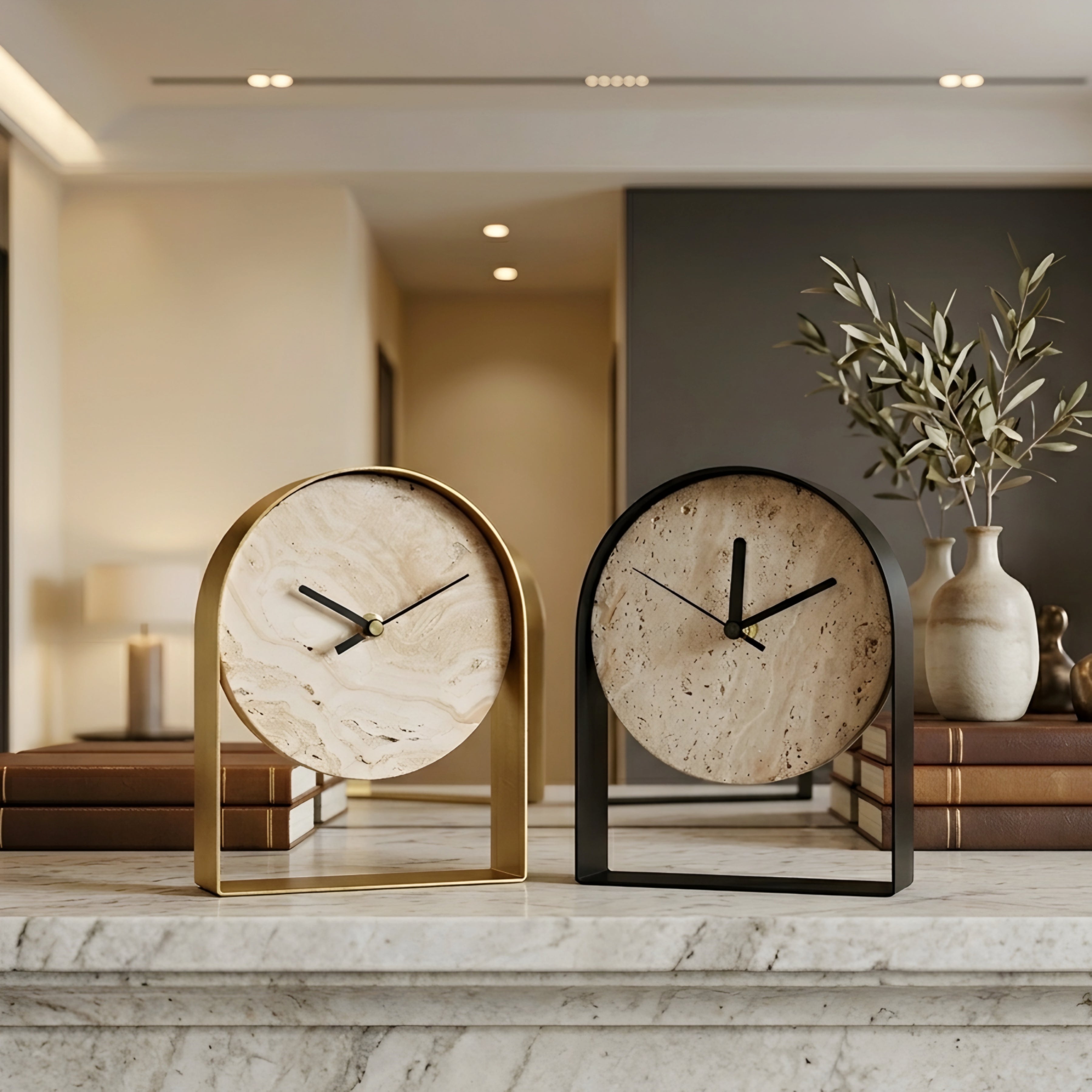 Archon Desk Clock – Modern Decorative Table Clock Concrete Black Metal Frame Silent Quartz Mantel Shelf