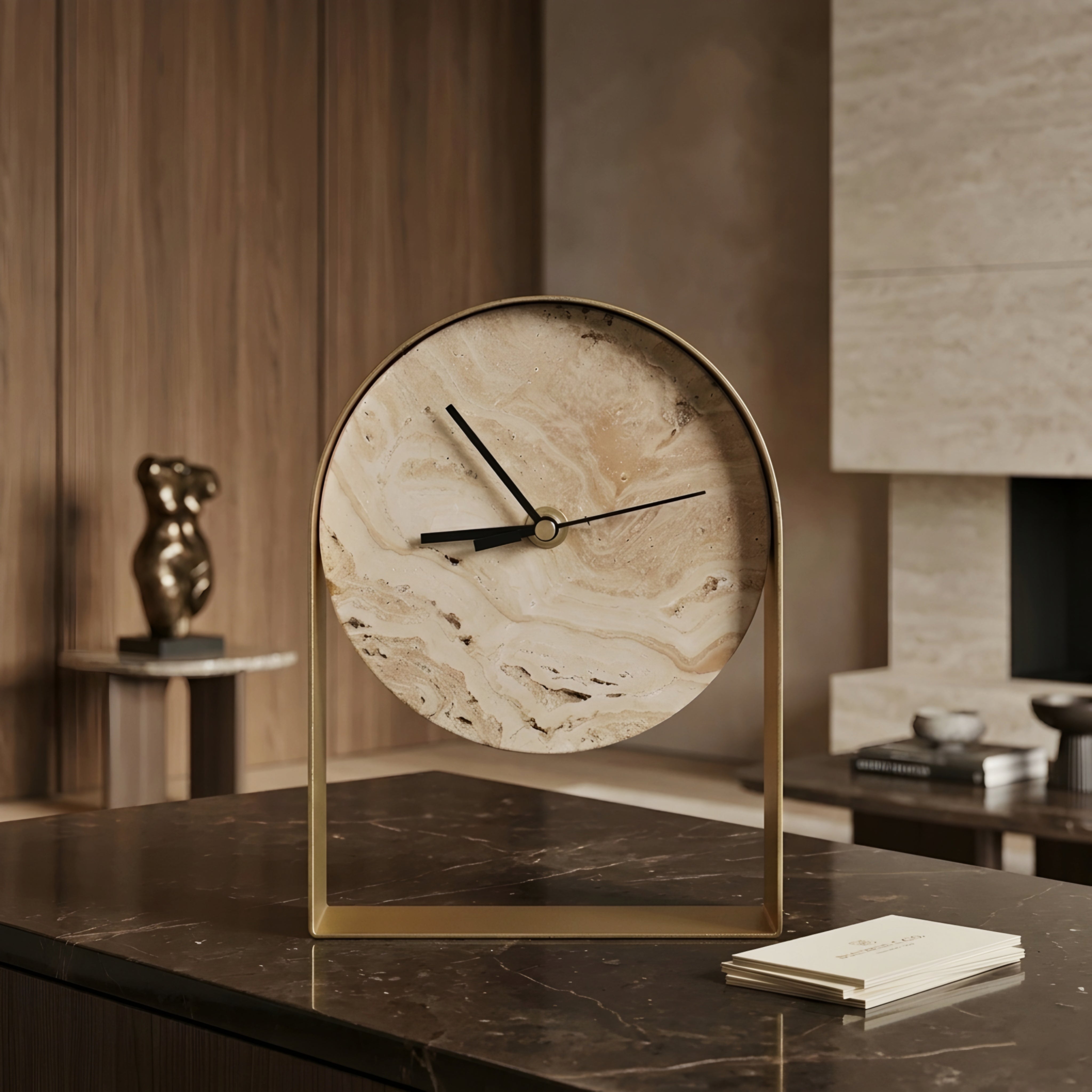 Archon Desk Clock – Modern Decorative Table Clock Concrete Black Metal Frame Silent Quartz Mantel Shelf