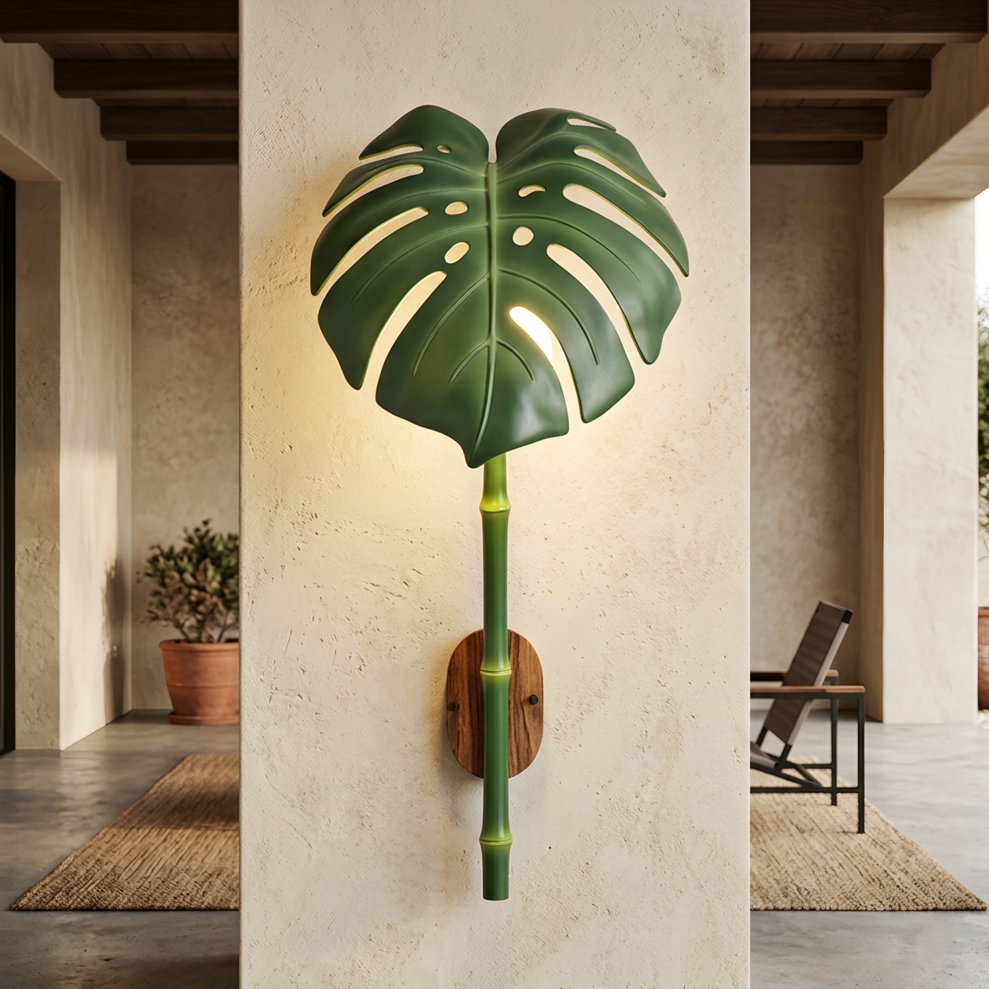 Palmyra Leaf Wall Lamp – Tropical Monstera Outdoor Wall Sconce Bamboo Stem LED Garden Patio Lighting Fixture