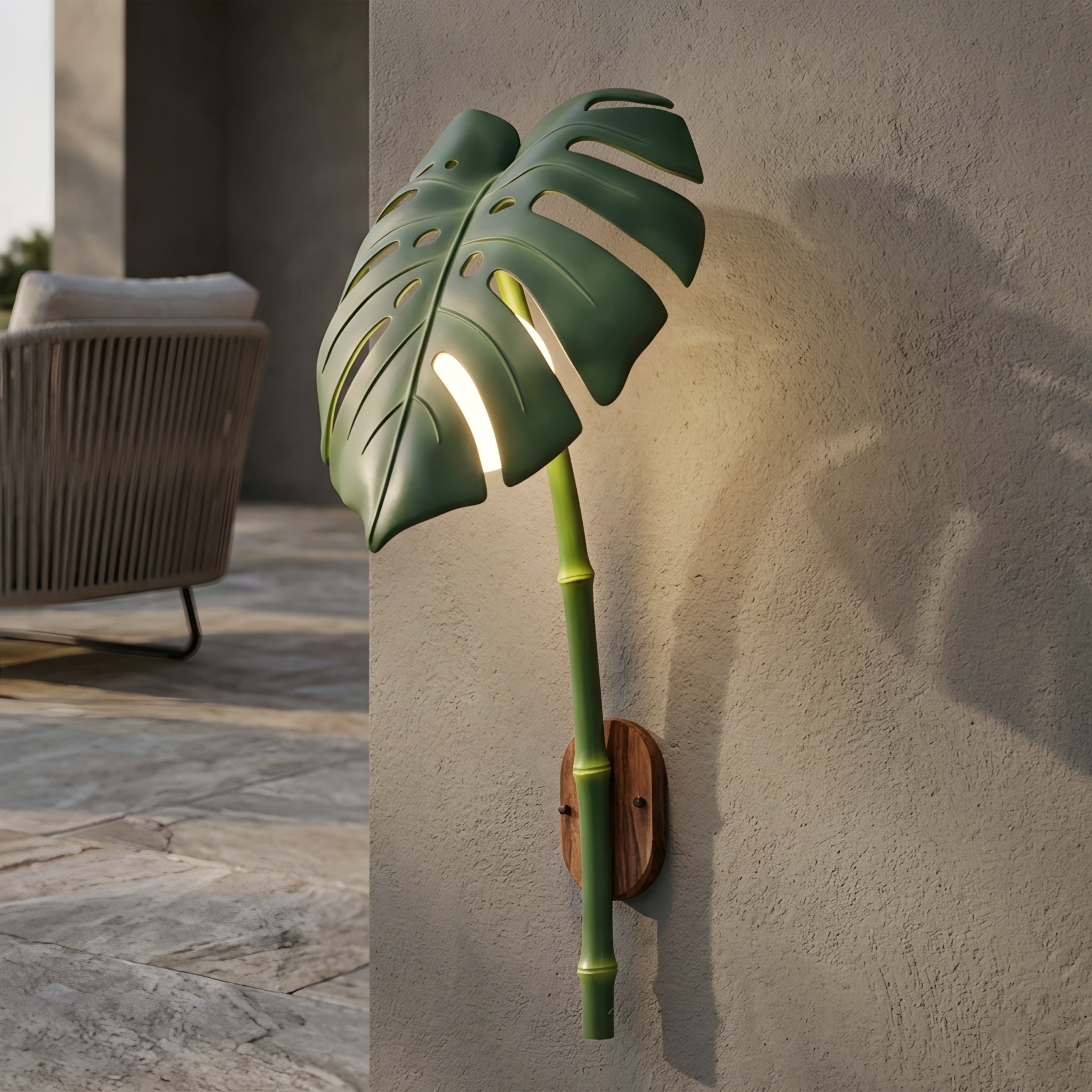 Palmyra Leaf Wall Lamp – Tropical Monstera Outdoor Wall Sconce Bamboo Stem LED Garden Patio Lighting Fixture