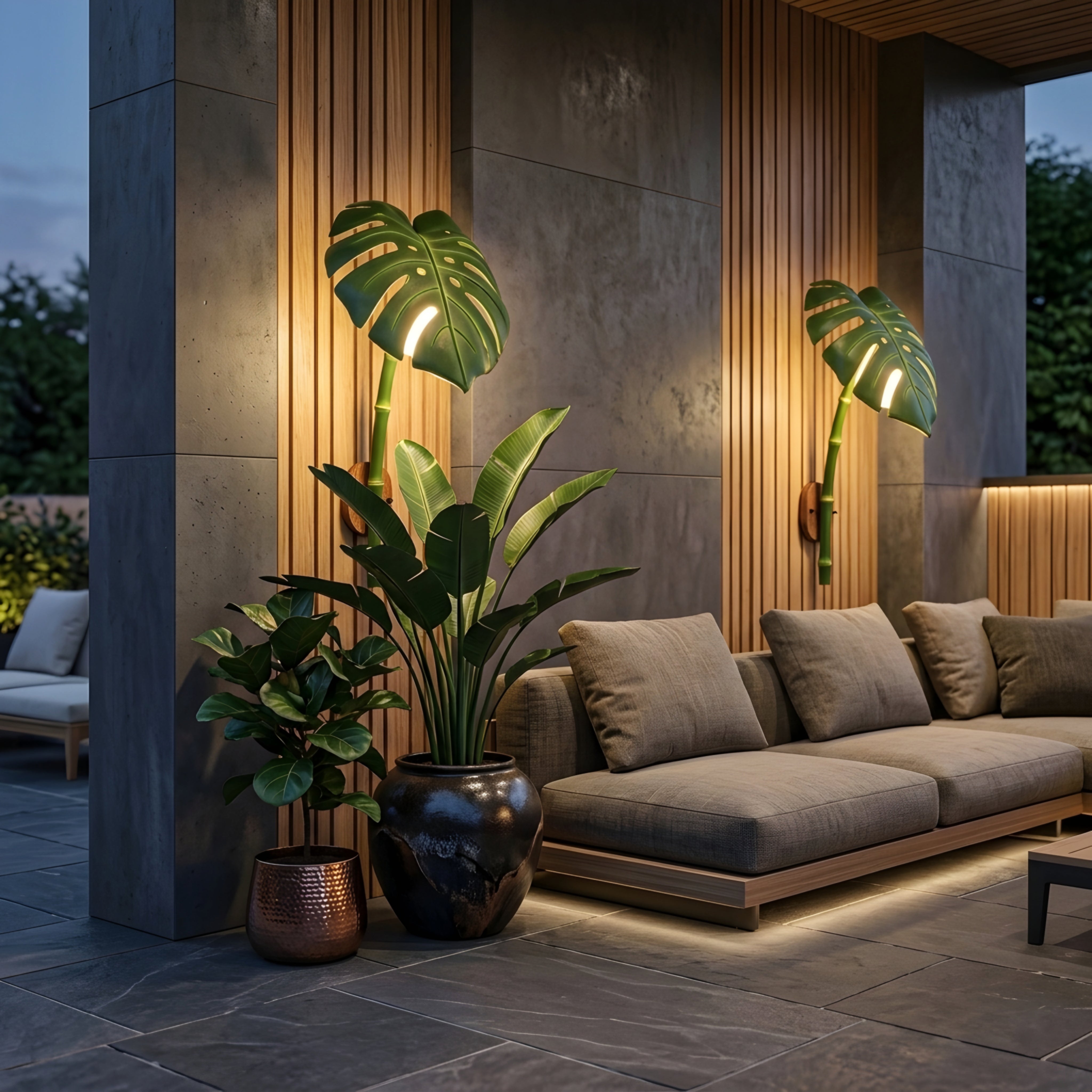 Palmyra Leaf Wall Lamp – Tropical Monstera Outdoor Wall Sconce Bamboo Stem LED Garden Patio Lighting Fixture