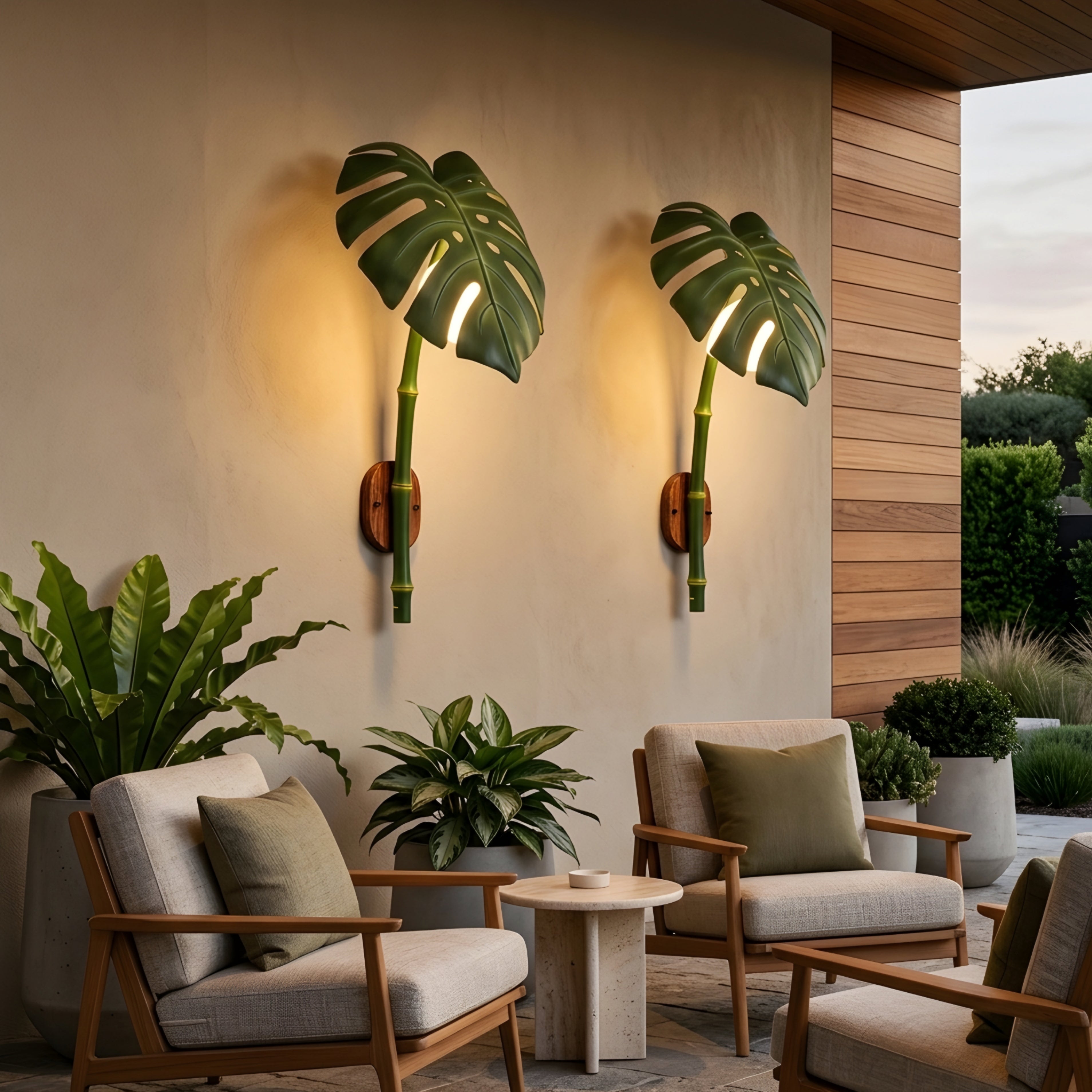 Palmyra Leaf Wall Lamp – Tropical Monstera Outdoor Wall Sconce Bamboo Stem LED Garden Patio Lighting Fixture