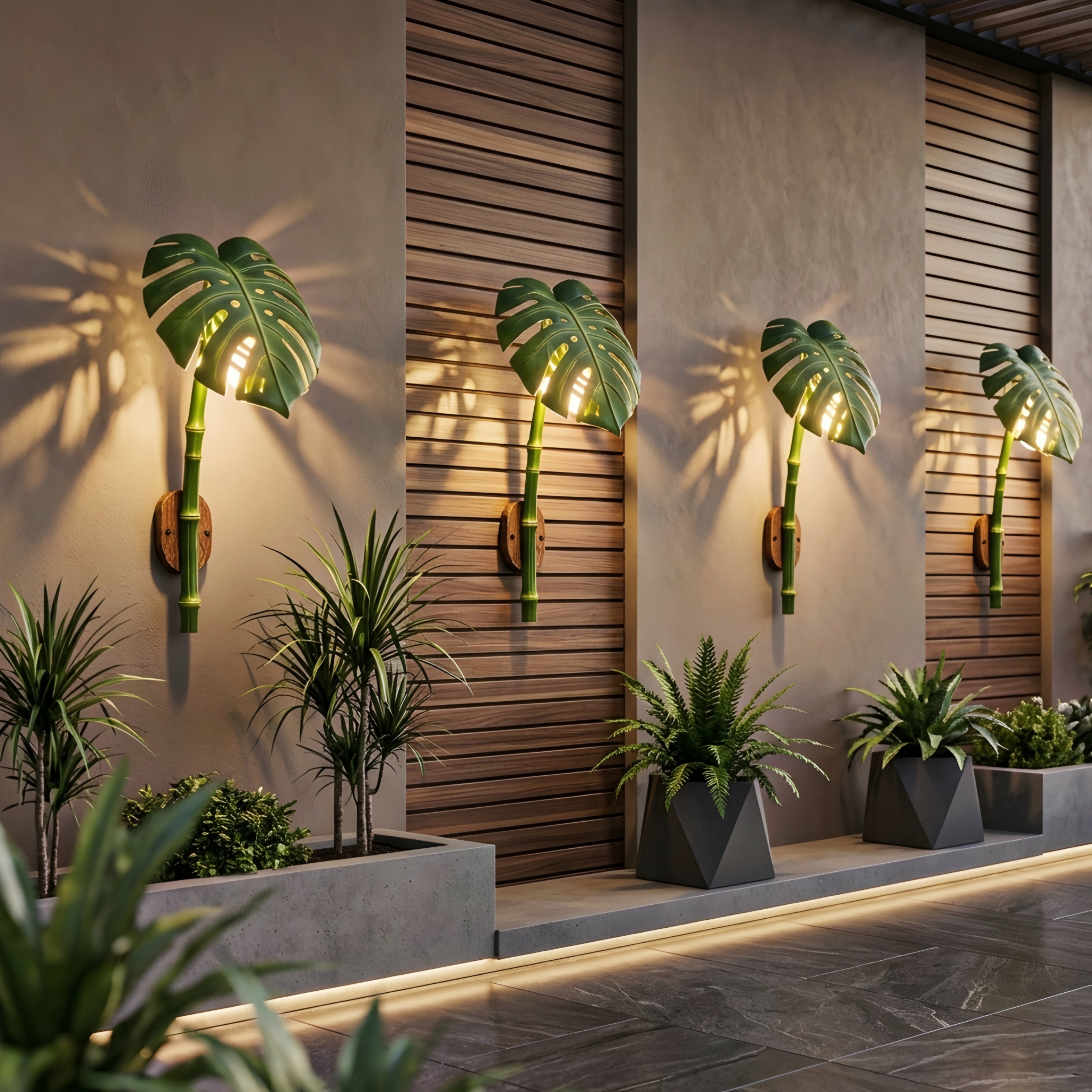 Palmyra Leaf Wall Lamp – Tropical Monstera Outdoor Wall Sconce Bamboo Stem LED Garden Patio Lighting Fixture