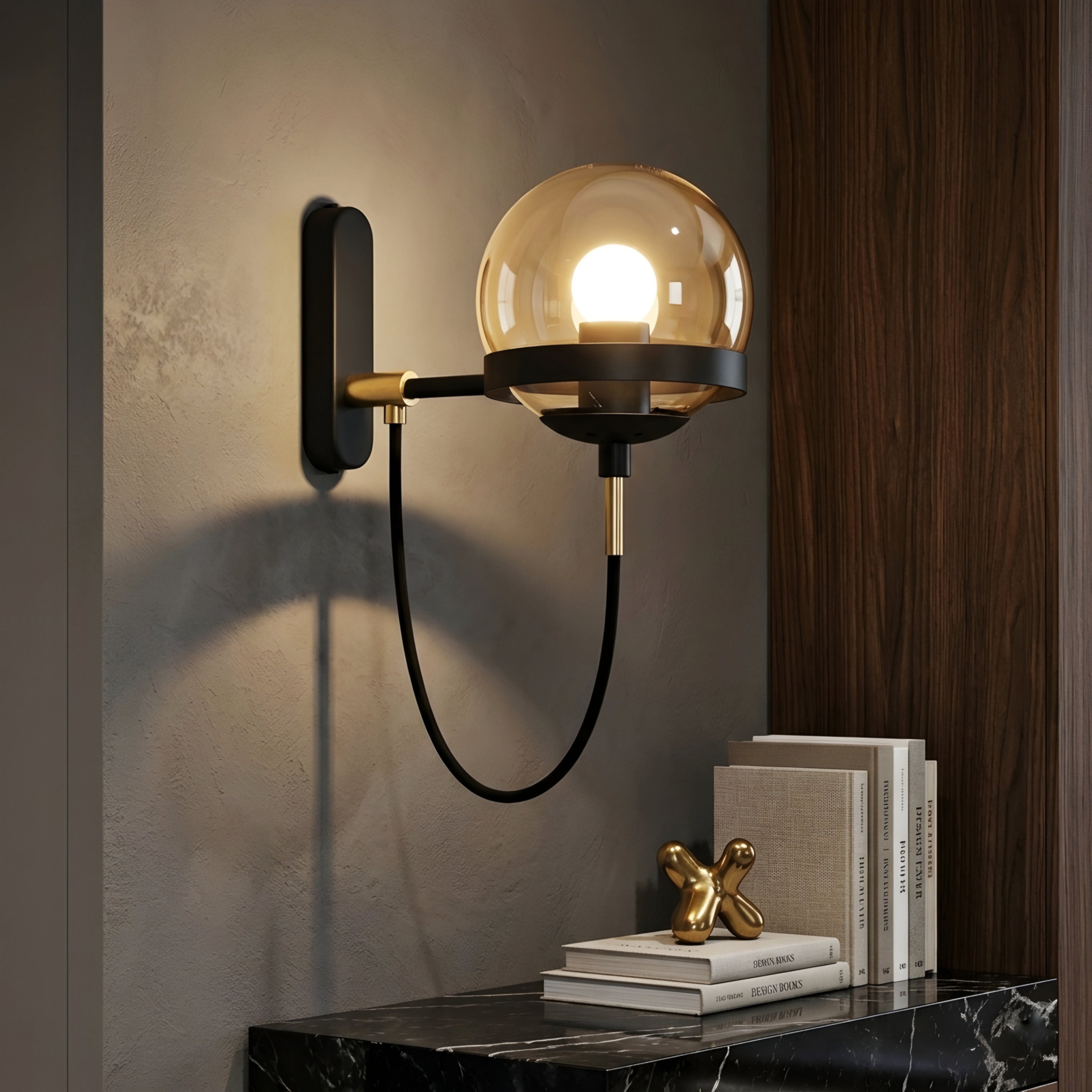 Corvano Globe Wall Sconce – Modern Wall Mounted Amber Glass Metal Decorative Lighting Hallway Bedroom