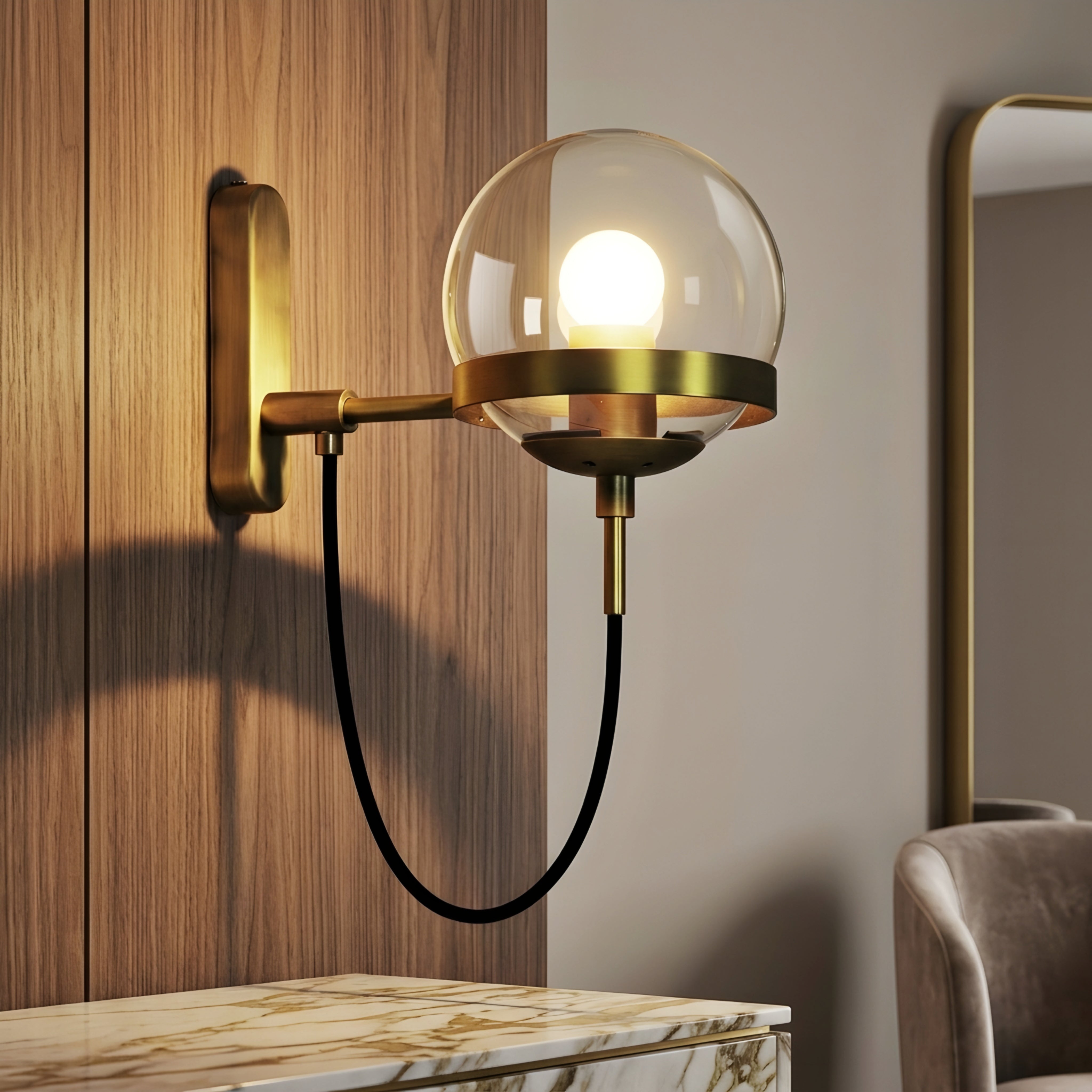 Corvano Globe Wall Sconce – Modern Wall Mounted Amber Glass Metal Decorative Lighting Hallway Bedroom