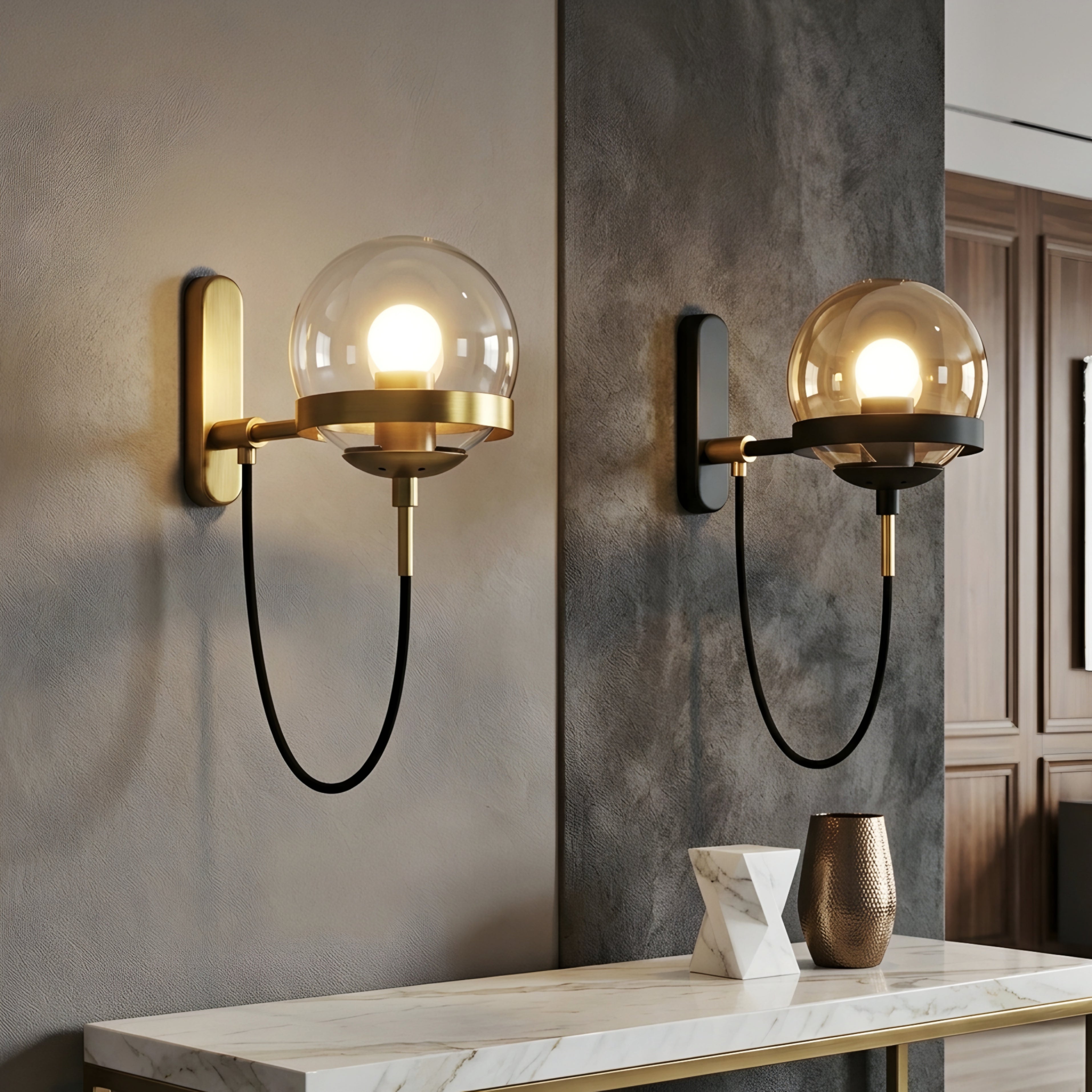 Corvano Globe Wall Sconce – Modern Wall Mounted Amber Glass Metal Decorative Lighting Hallway Bedroom
