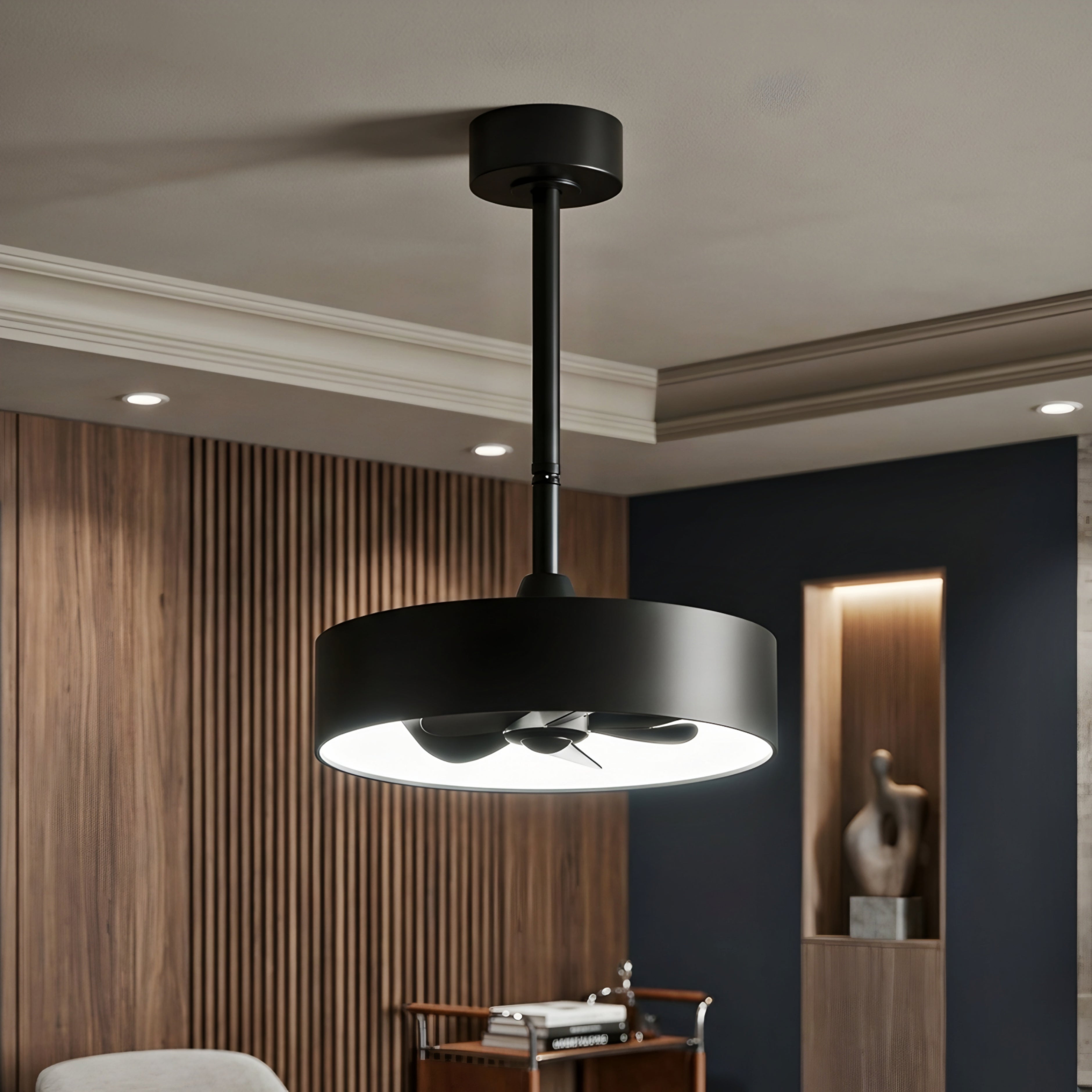 Veyron Drum Ceiling Fan Light – Modern Ceiling Fan LED Integrated Lighting Bedroom Living Room Black