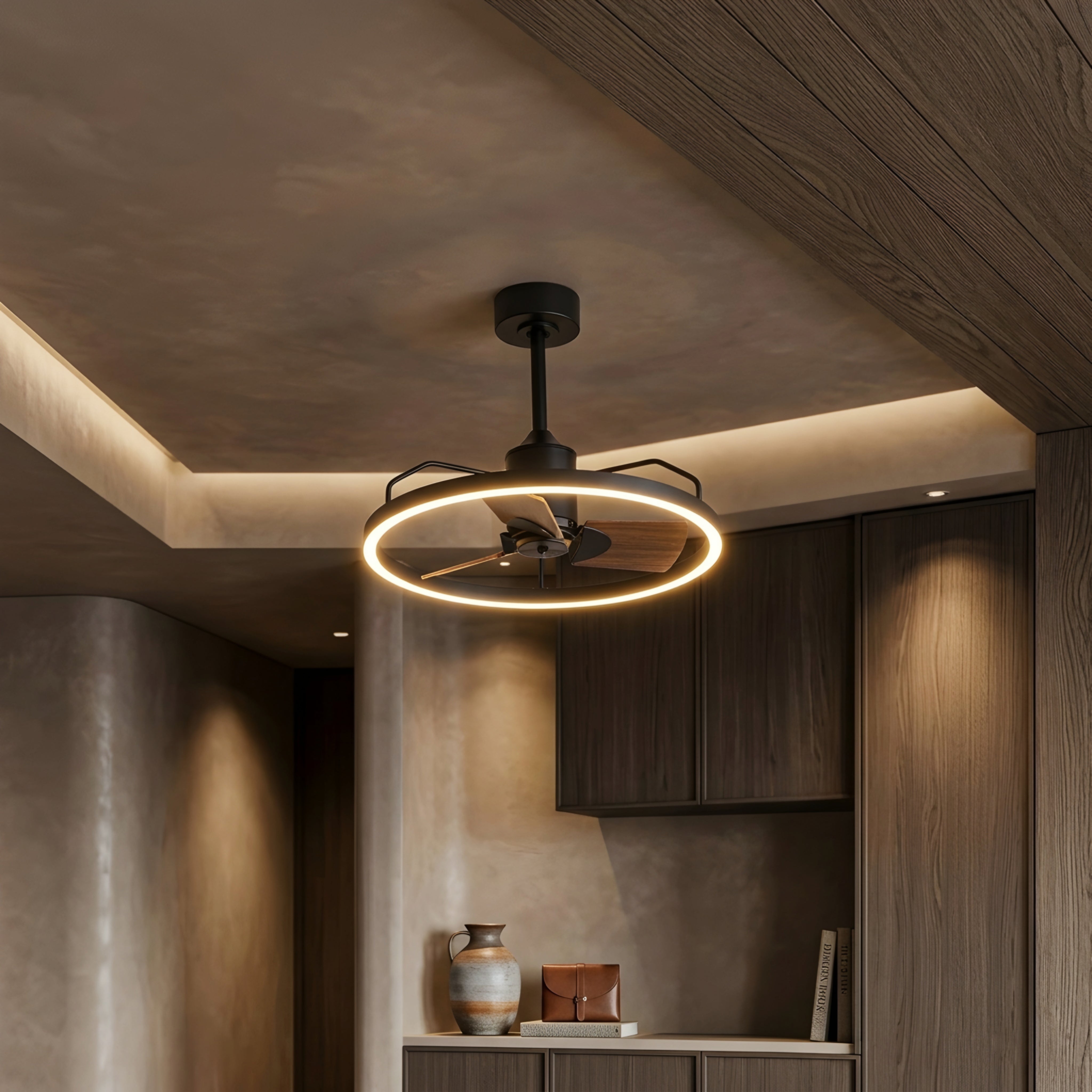 Vortex – Ceiling Fan LED Light Combo Modern Black Wood Blade Remote Control Decorative Lighting