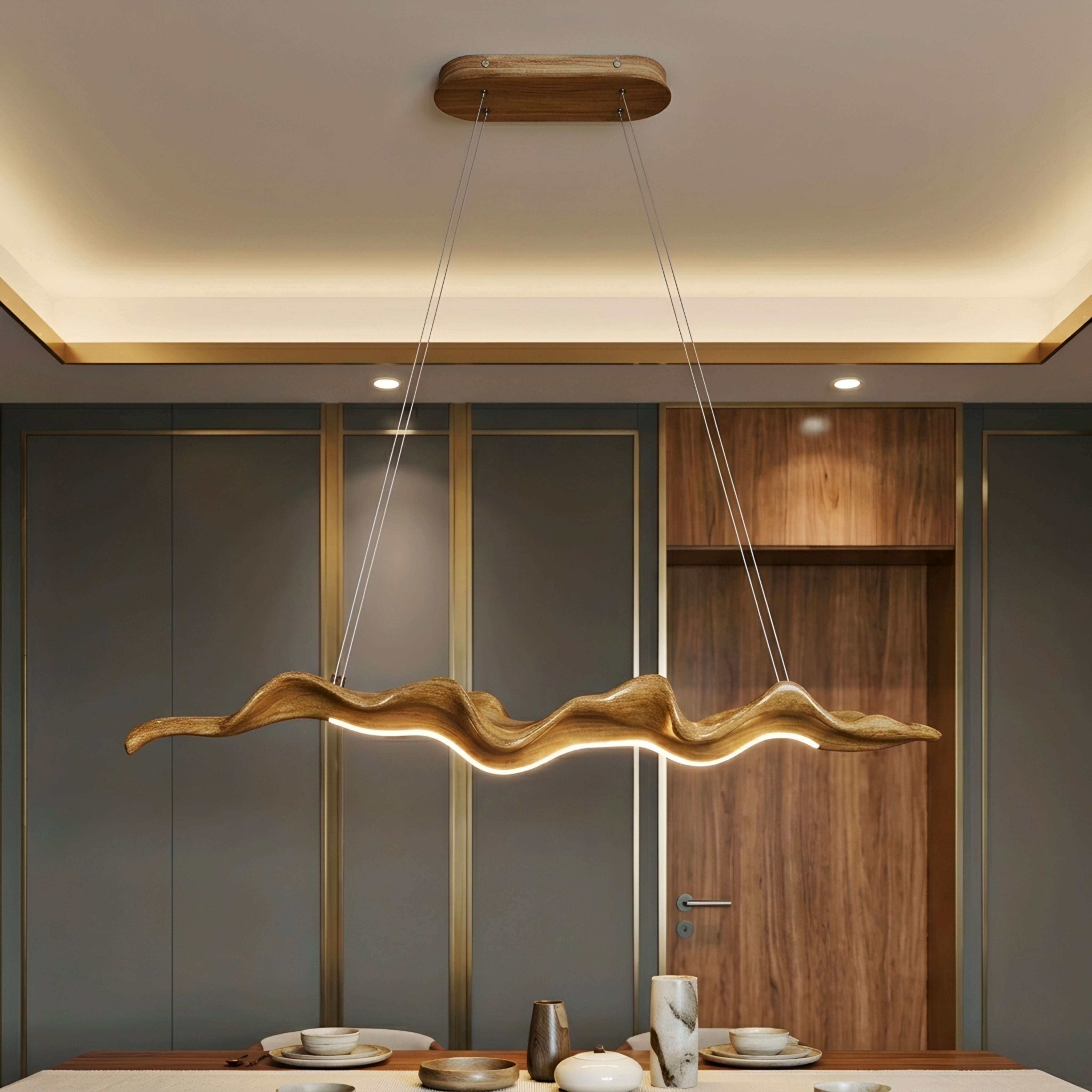 Ondara Wave Chandelier – LED Wooden Chandelier Modern Dining Room Decorative Lighting Fixture