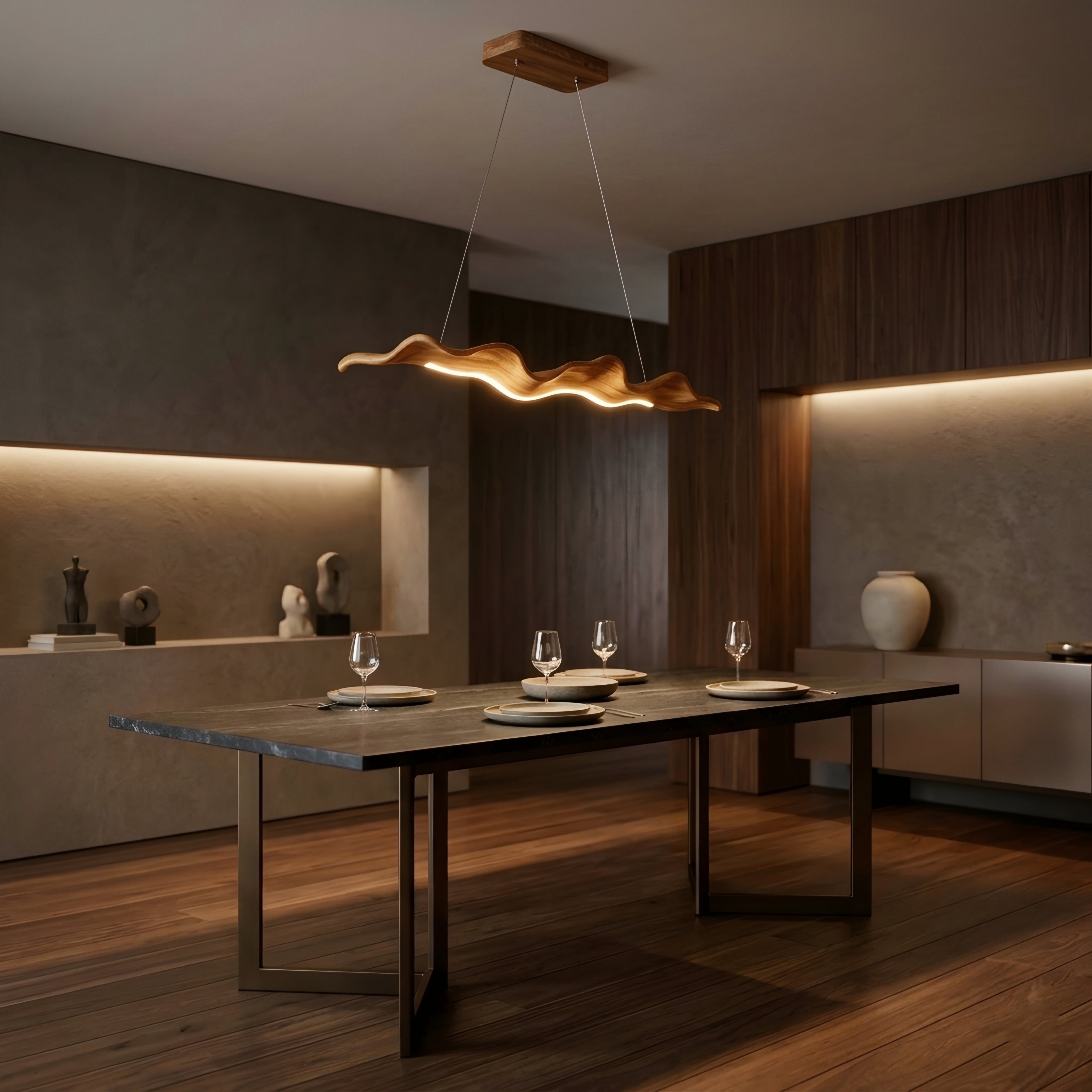 Ondara Wave Chandelier – LED Wooden Chandelier Modern Dining Room Decorative Lighting Fixture