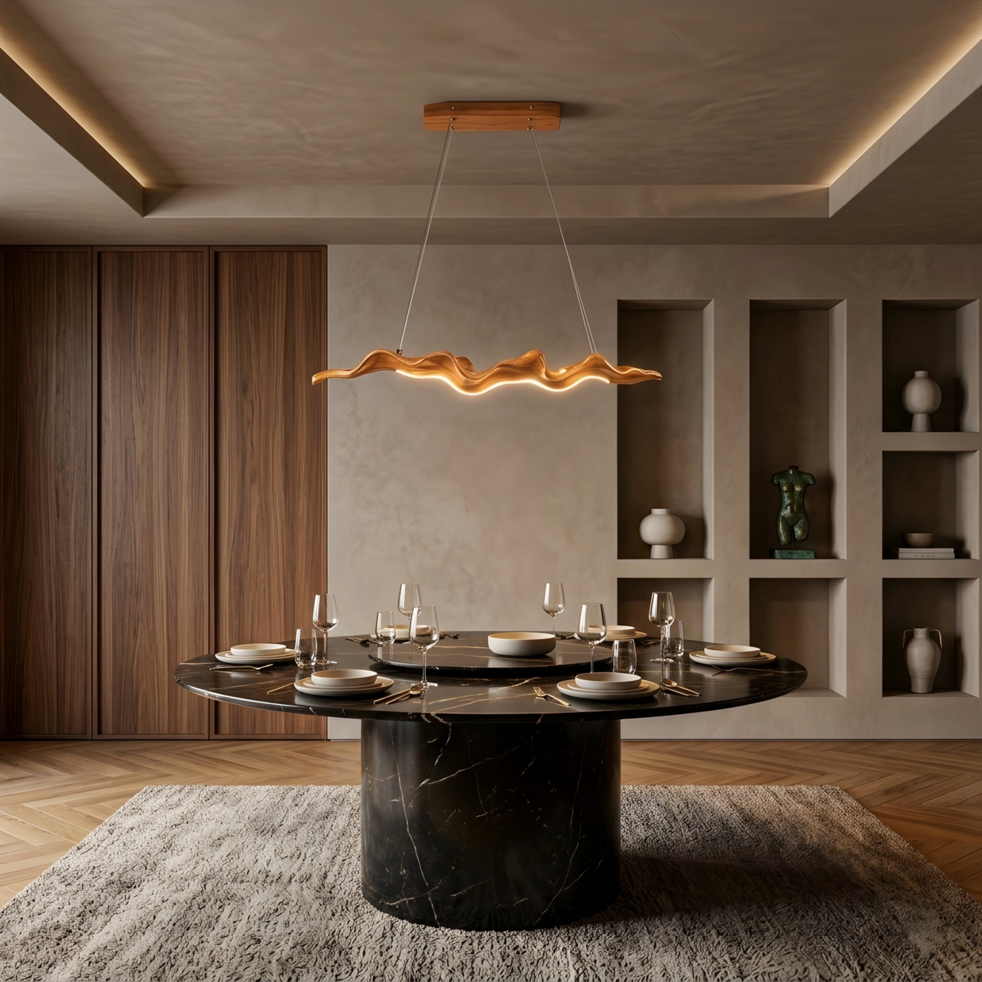 Ondara Wave Chandelier – LED Wooden Chandelier Modern Dining Room Decorative Lighting Fixture