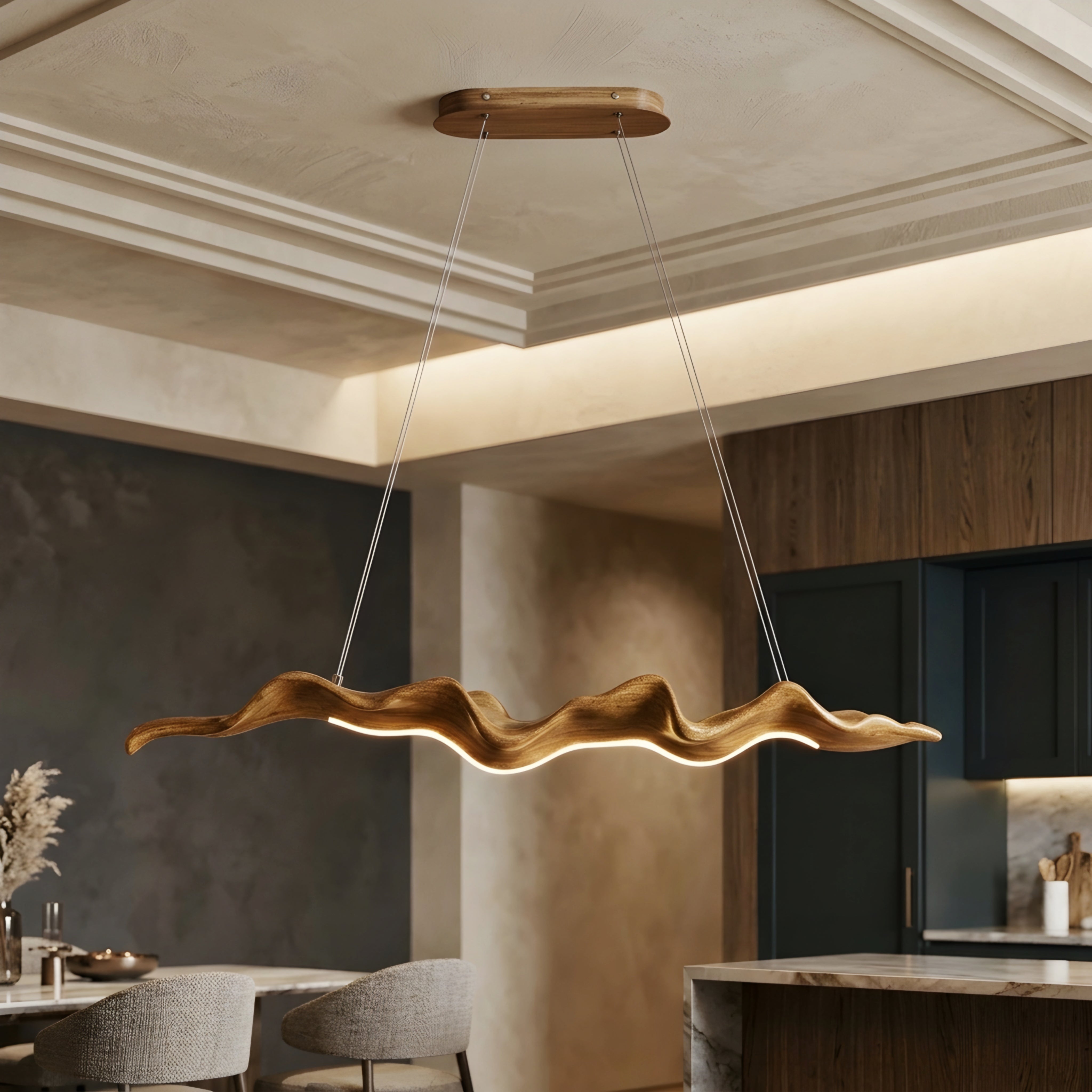 Ondara Wave Chandelier – LED Wooden Chandelier Modern Dining Room Decorative Lighting Fixture