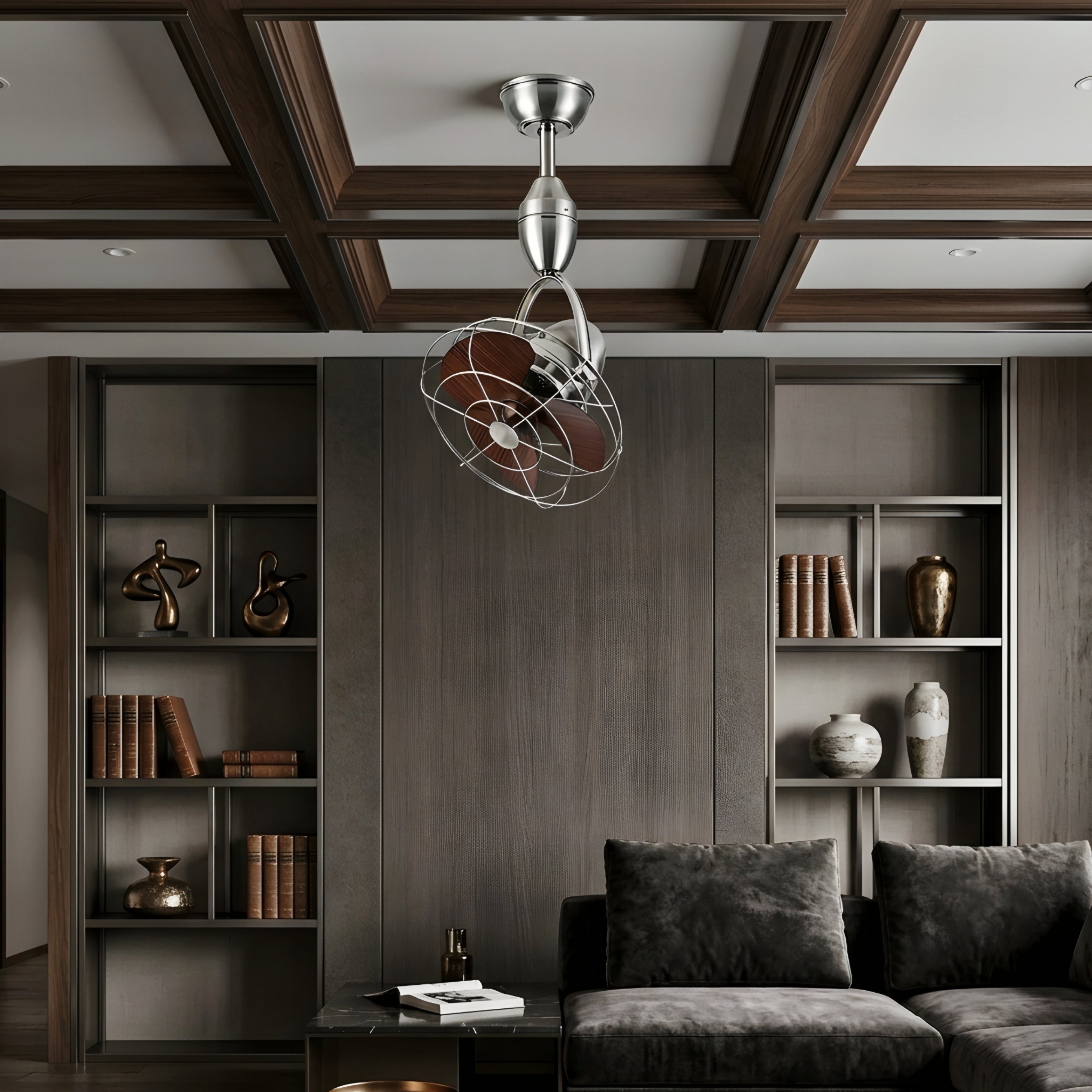 Helix Orbit Ceiling Fan – Industrial Cage Brushed Nickel Directional Oscillating Small Space Quiet