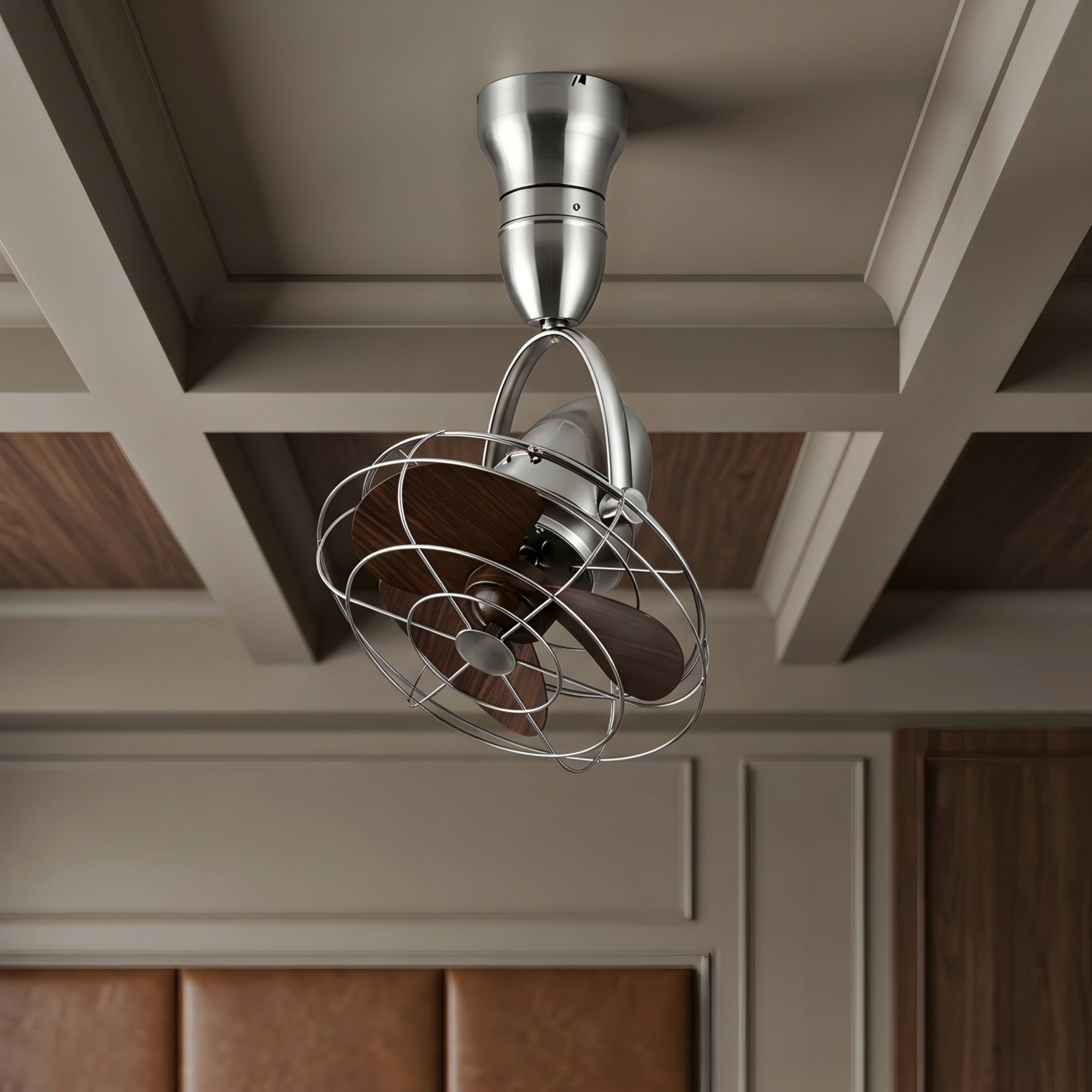 Helix Orbit Ceiling Fan – Industrial Cage Brushed Nickel Directional Oscillating Small Space Quiet