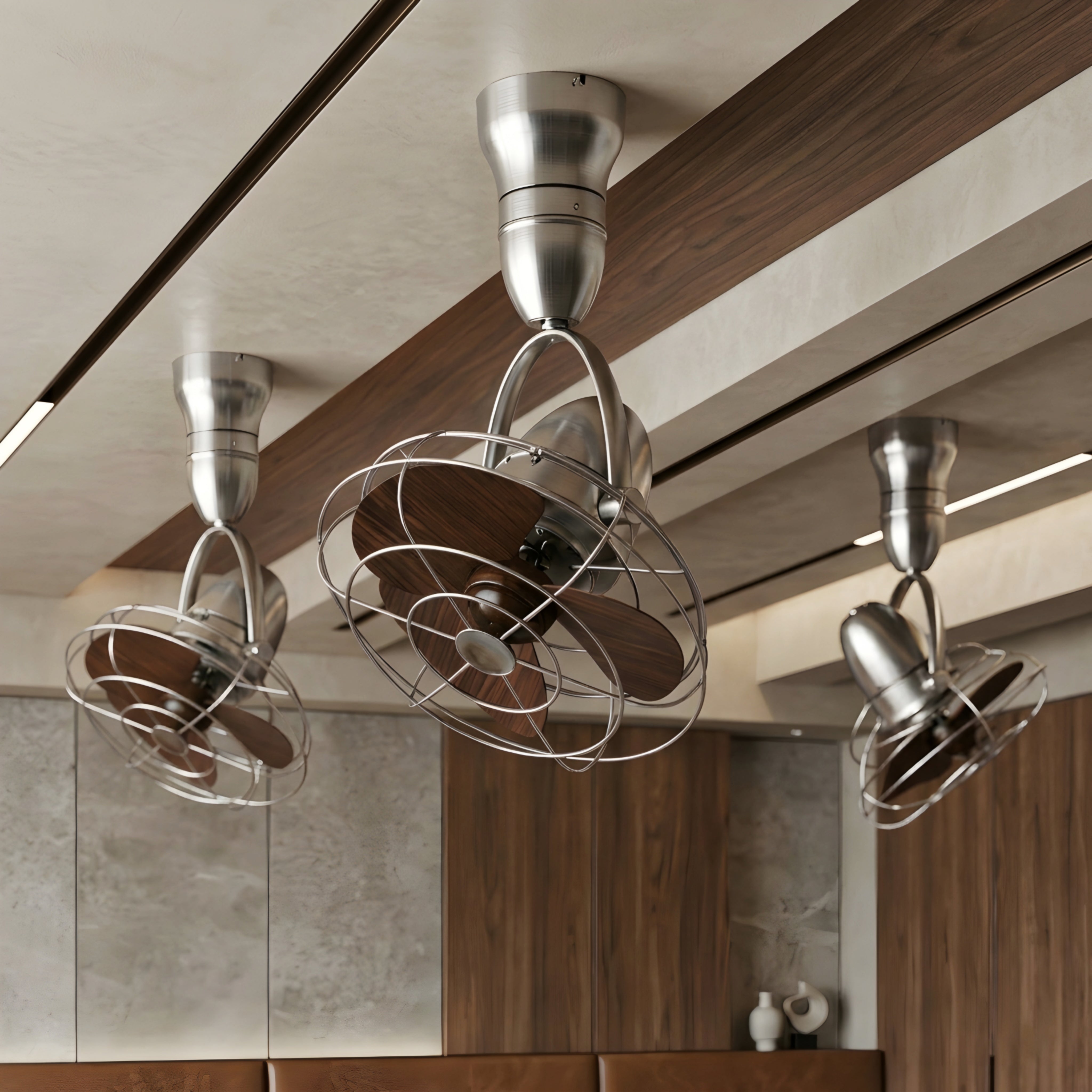 Helix Orbit Ceiling Fan – Industrial Cage Brushed Nickel Directional Oscillating Small Space Quiet