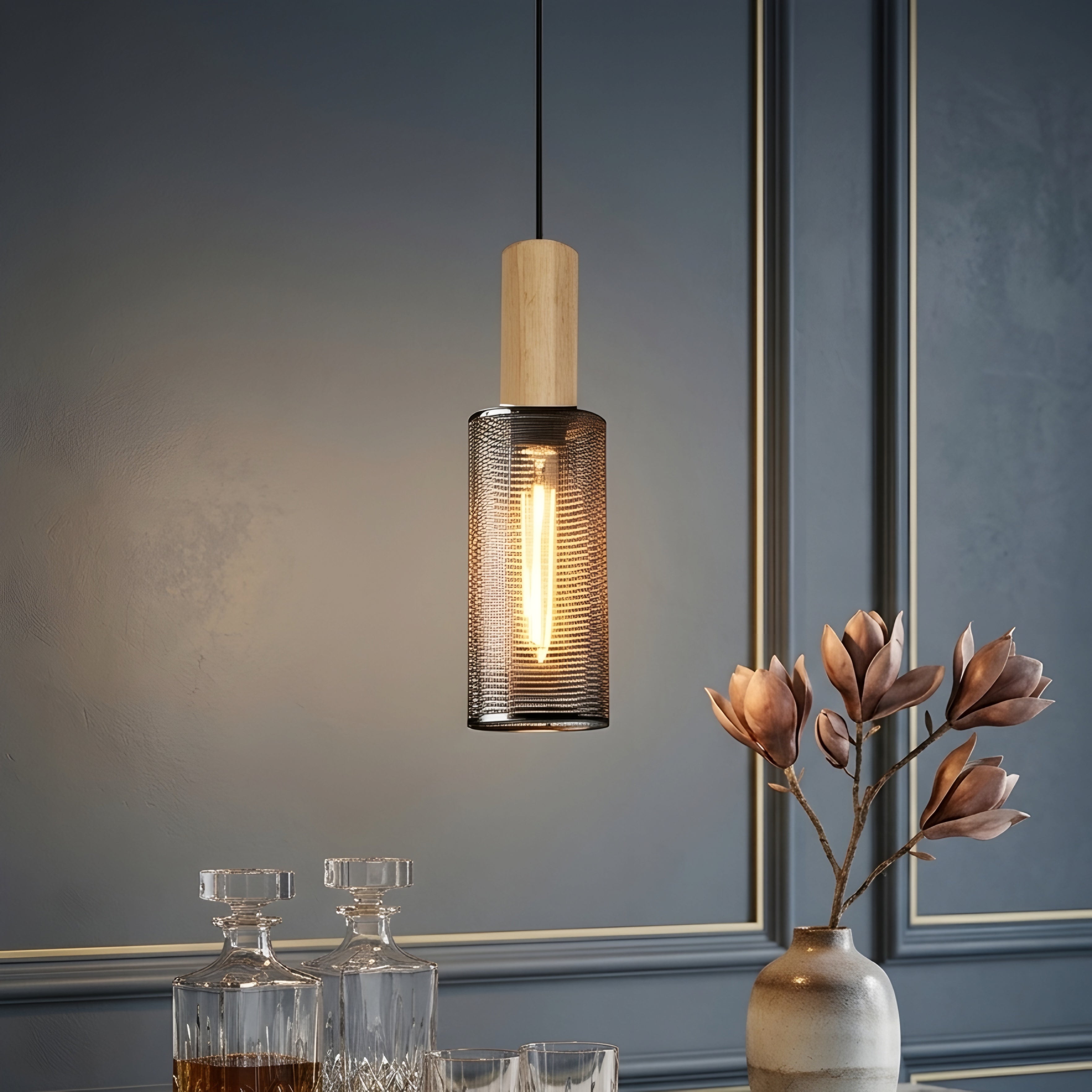 Straton Pendant Light – Industrial Black Smoked Glass Cylinder Hanging Ceiling Kitchen Island Dining Room