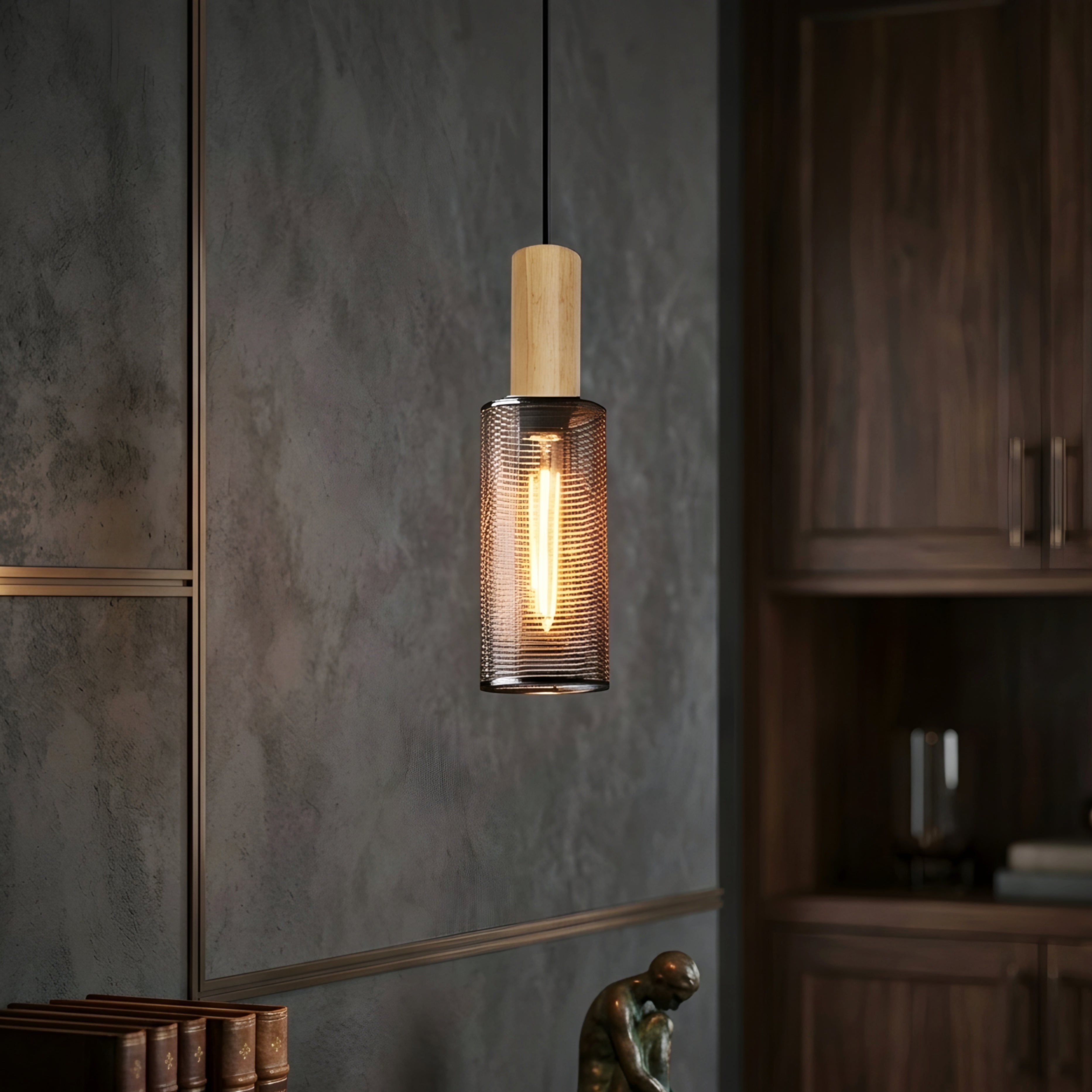 Straton Pendant Light – Industrial Black Smoked Glass Cylinder Hanging Ceiling Kitchen Island Dining Room