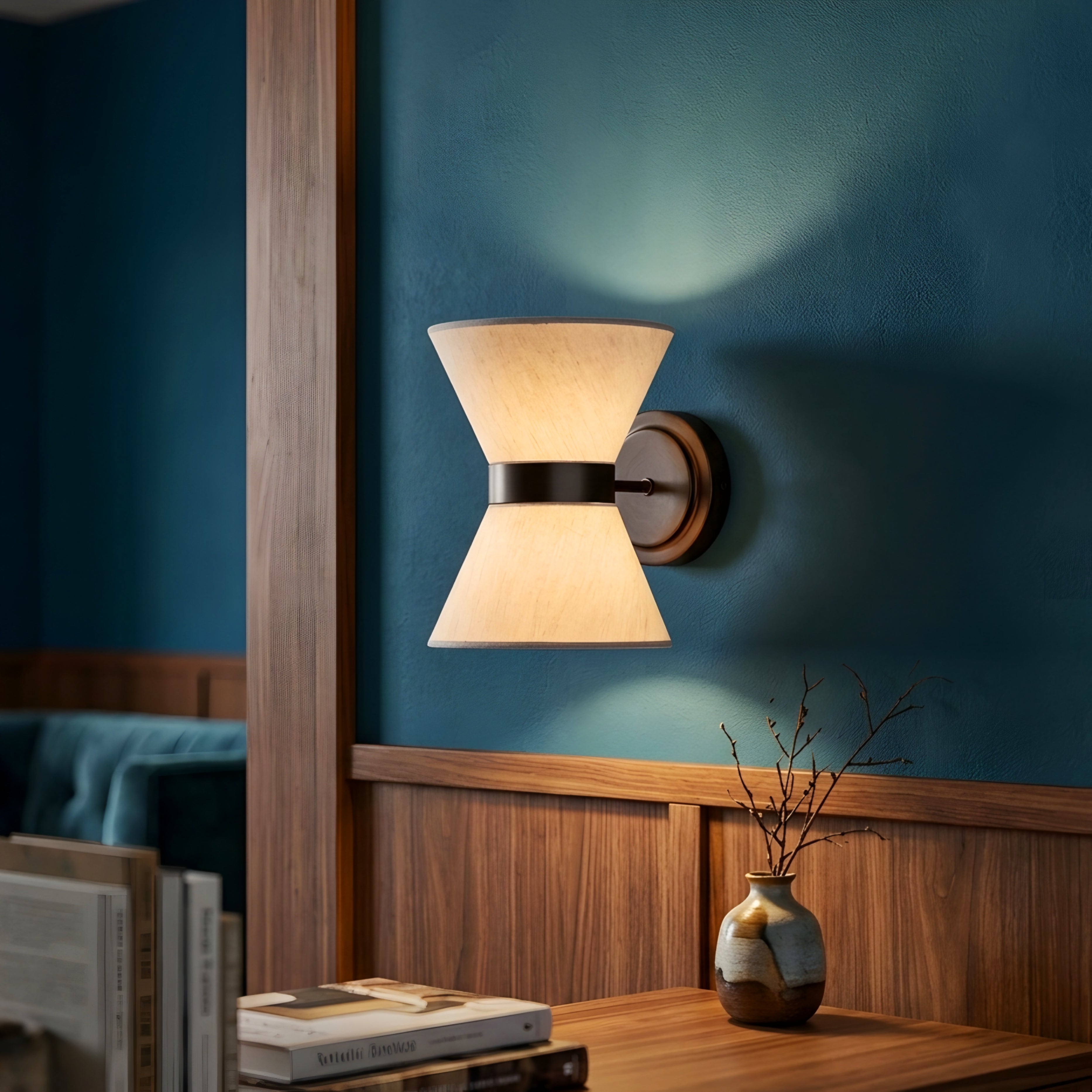 Vesaro Hourglass Wall Sconce – Modern Linen Fabric Shade Bedroom Living Room Decorative Lighting Fixture