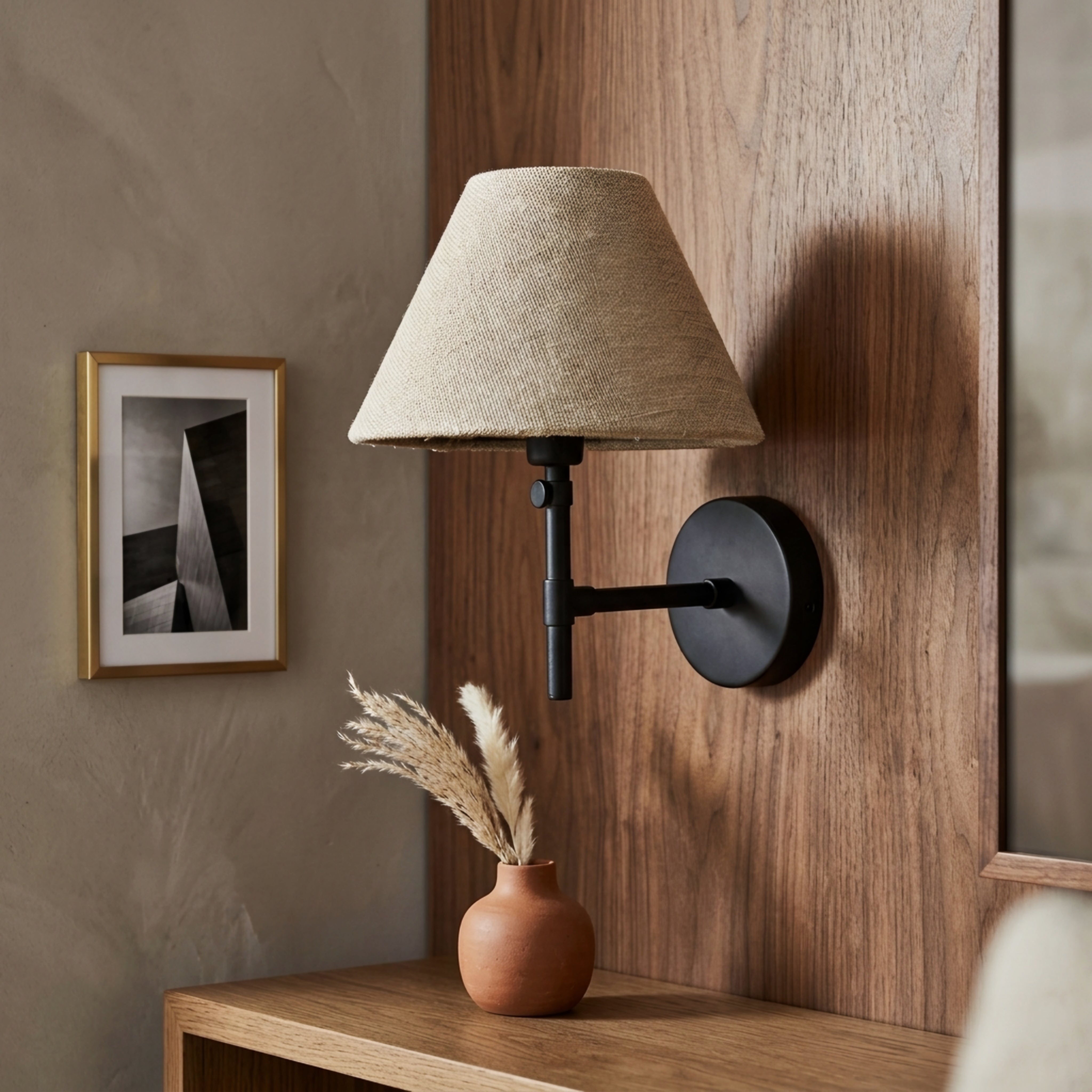 Tesslen Swing Arm Wall Sconce – Black Metal Adjustable Wall Lamp Beige Fabric Shade Living Room Bedroom