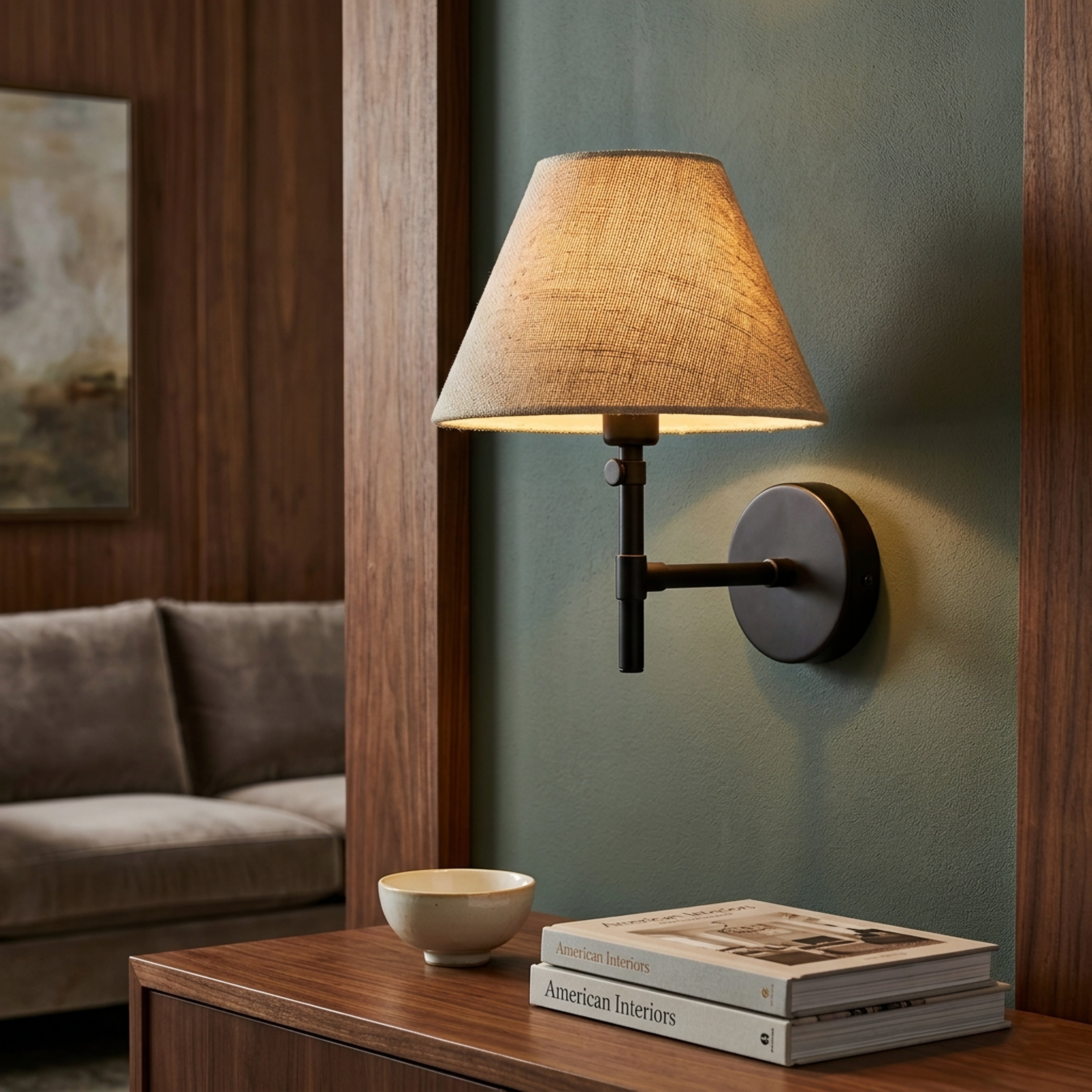 Tesslen Swing Arm Wall Sconce – Black Metal Adjustable Wall Lamp Beige Fabric Shade Living Room Bedroom