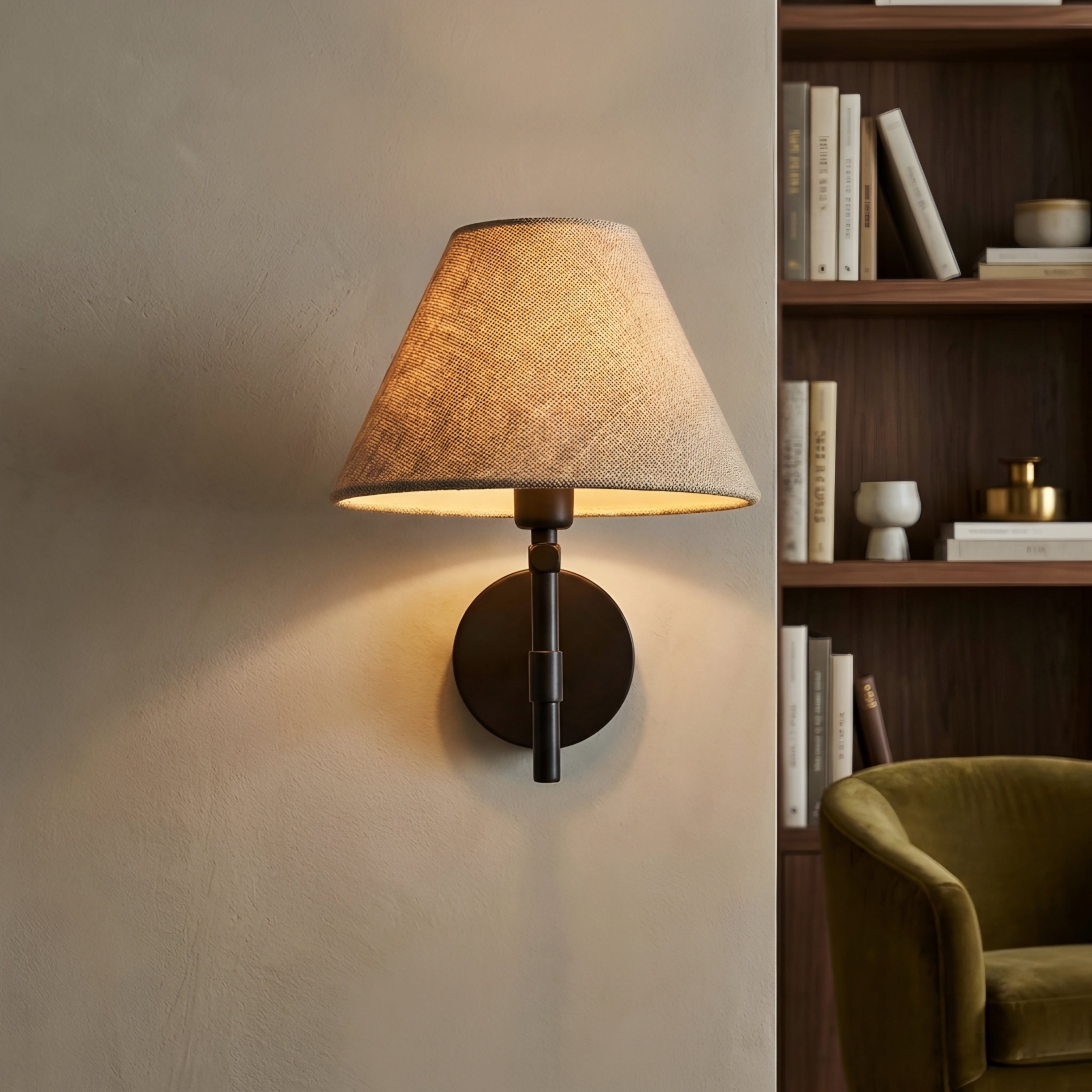 Tesslen Swing Arm Wall Sconce – Black Metal Adjustable Wall Lamp Beige Fabric Shade Living Room Bedroom