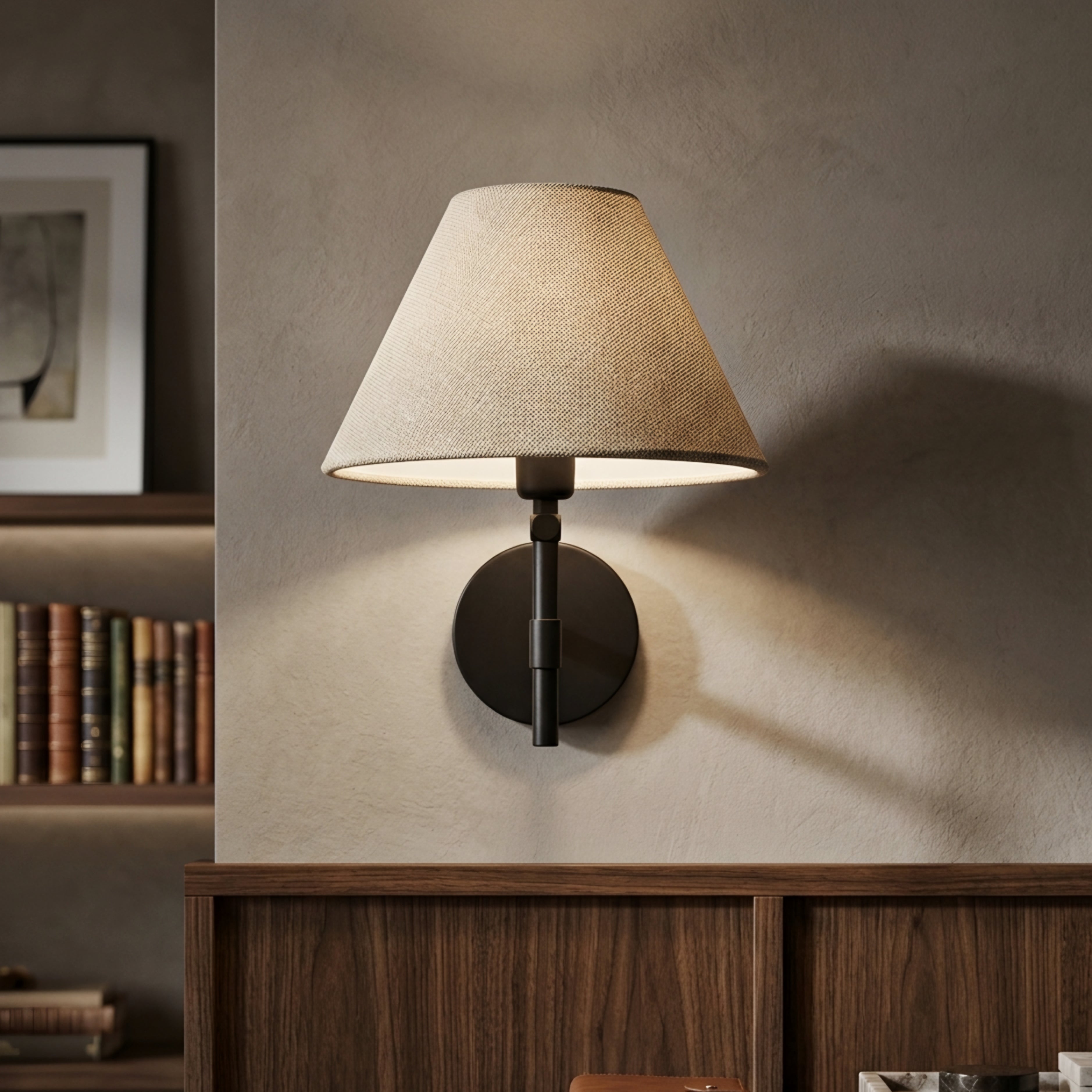 Tesslen Swing Arm Wall Sconce – Black Metal Adjustable Wall Lamp Beige Fabric Shade Living Room Bedroom